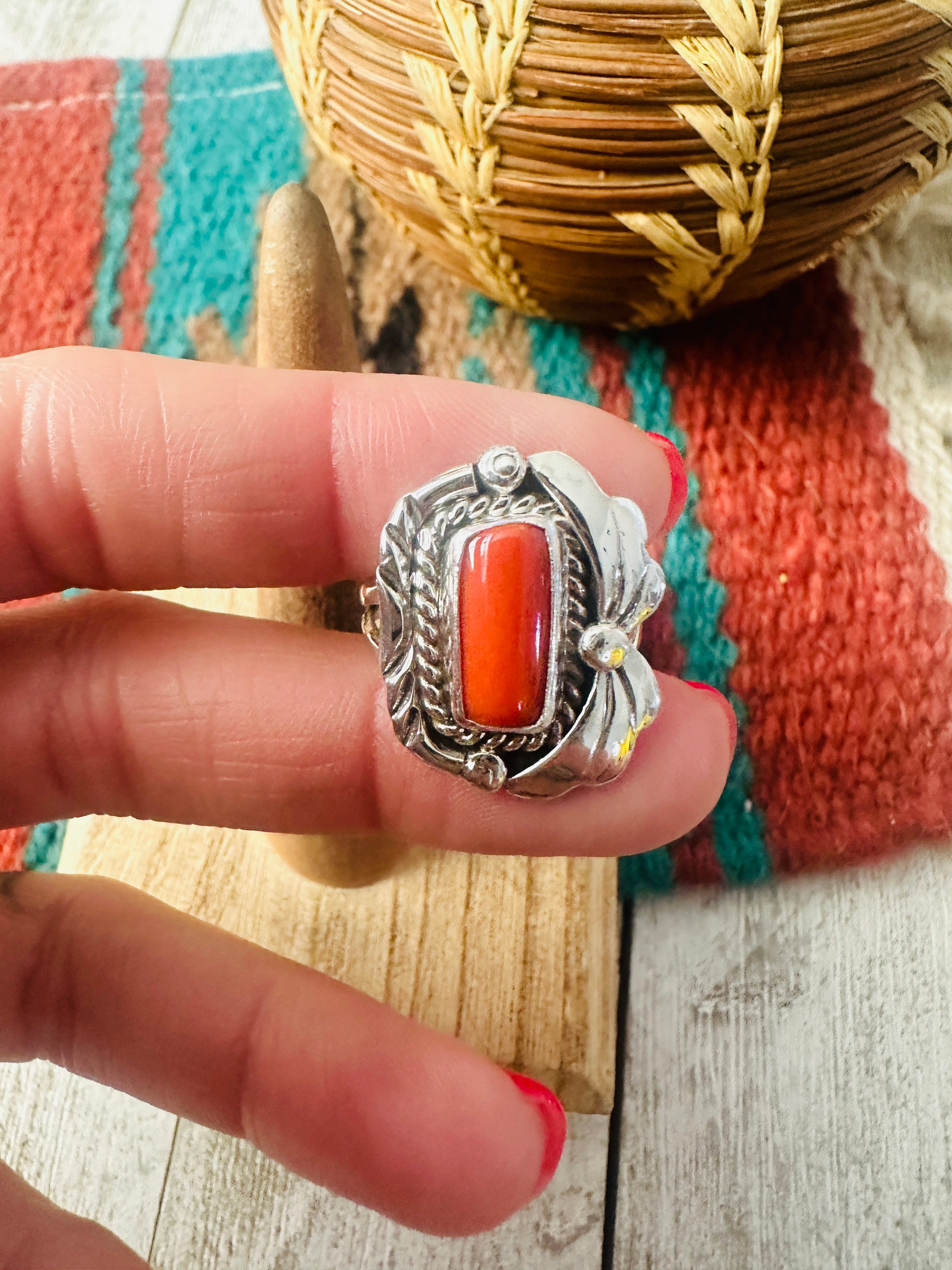 Navajo Coral & Sterling Silver Ring Size 7