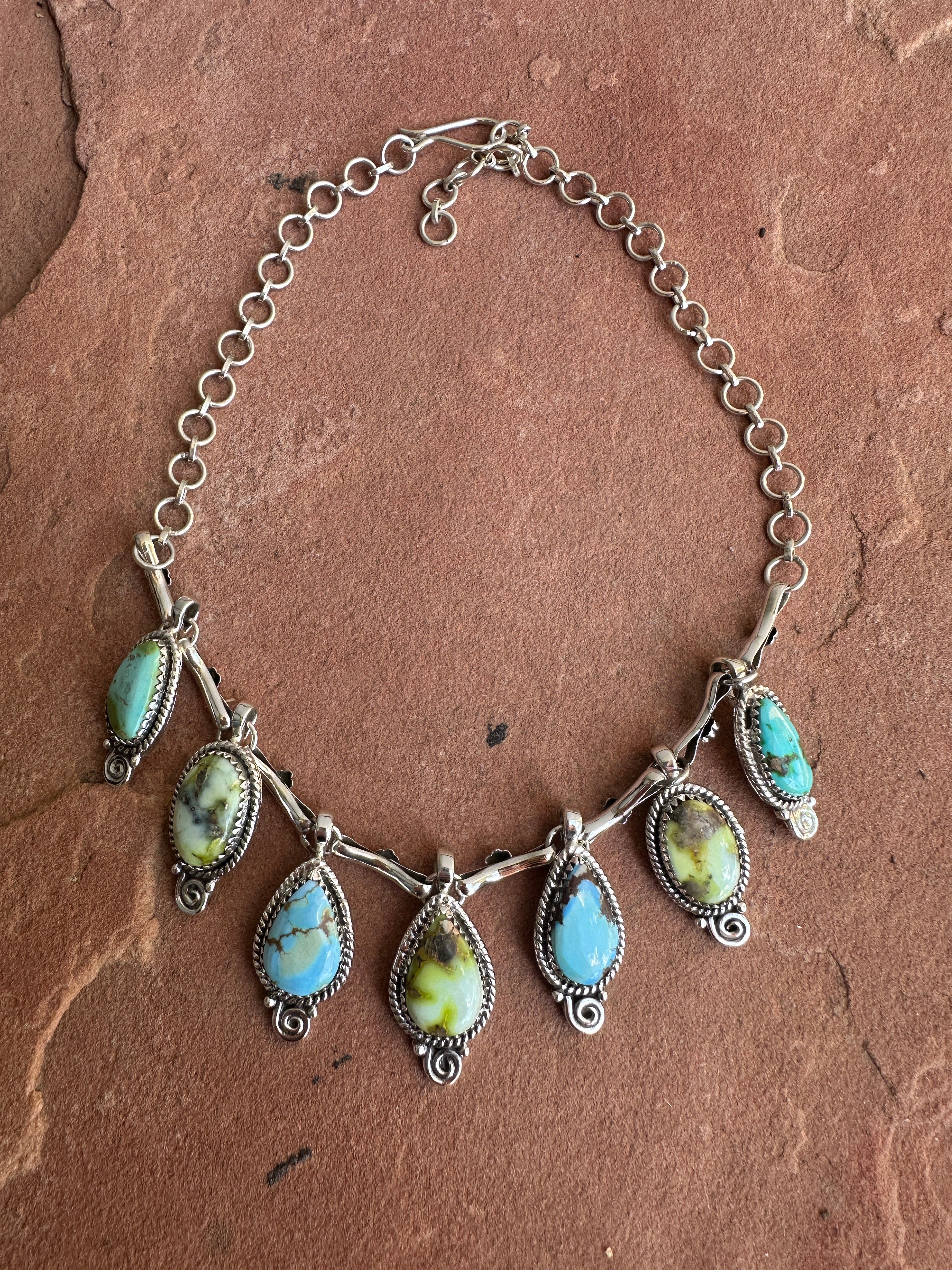 Beautiful Handmade Sterling Silver, Golden Hills Turquoise, Sonoran Turquoise & Palomino Turquoise Charm Necklace