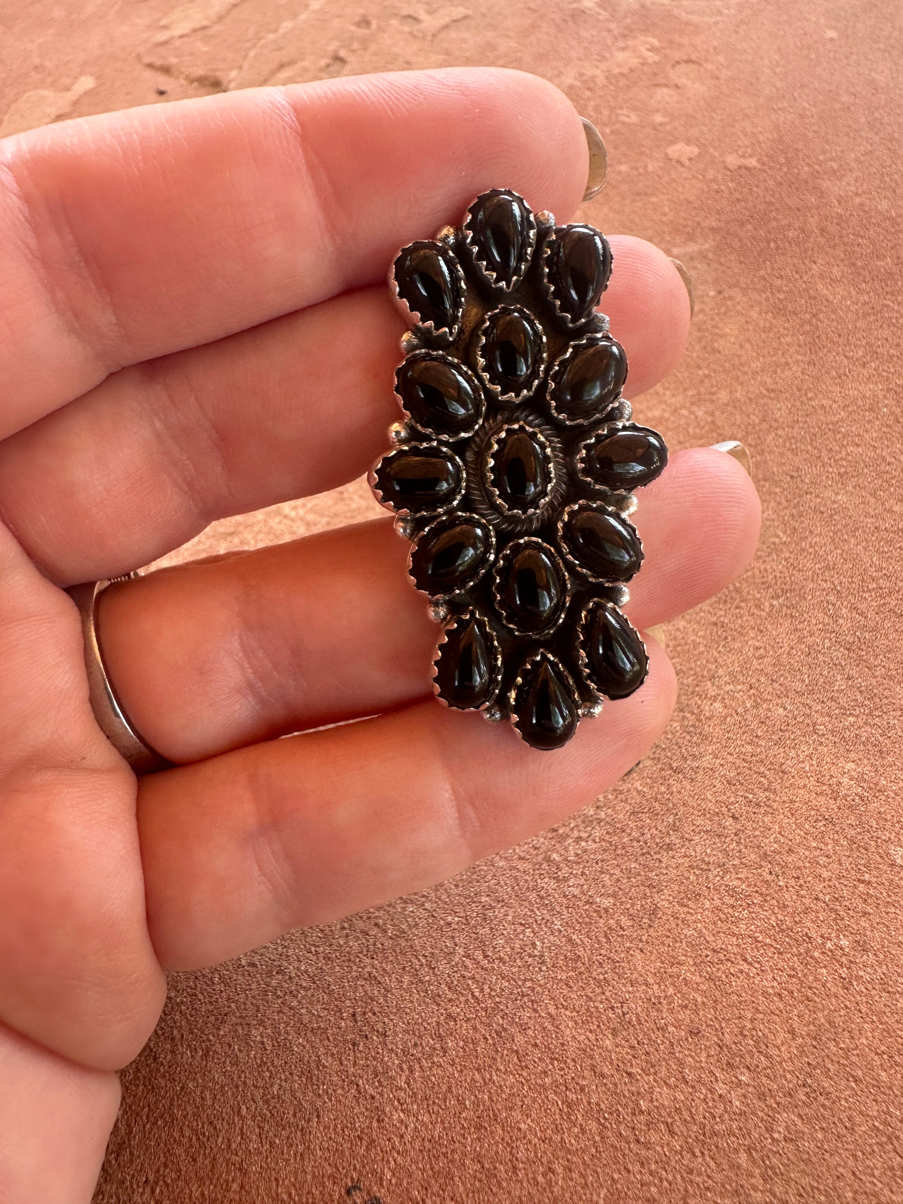 Beautiful Handmade Onyx And Sterling Silver Adjustable Cluster Ring