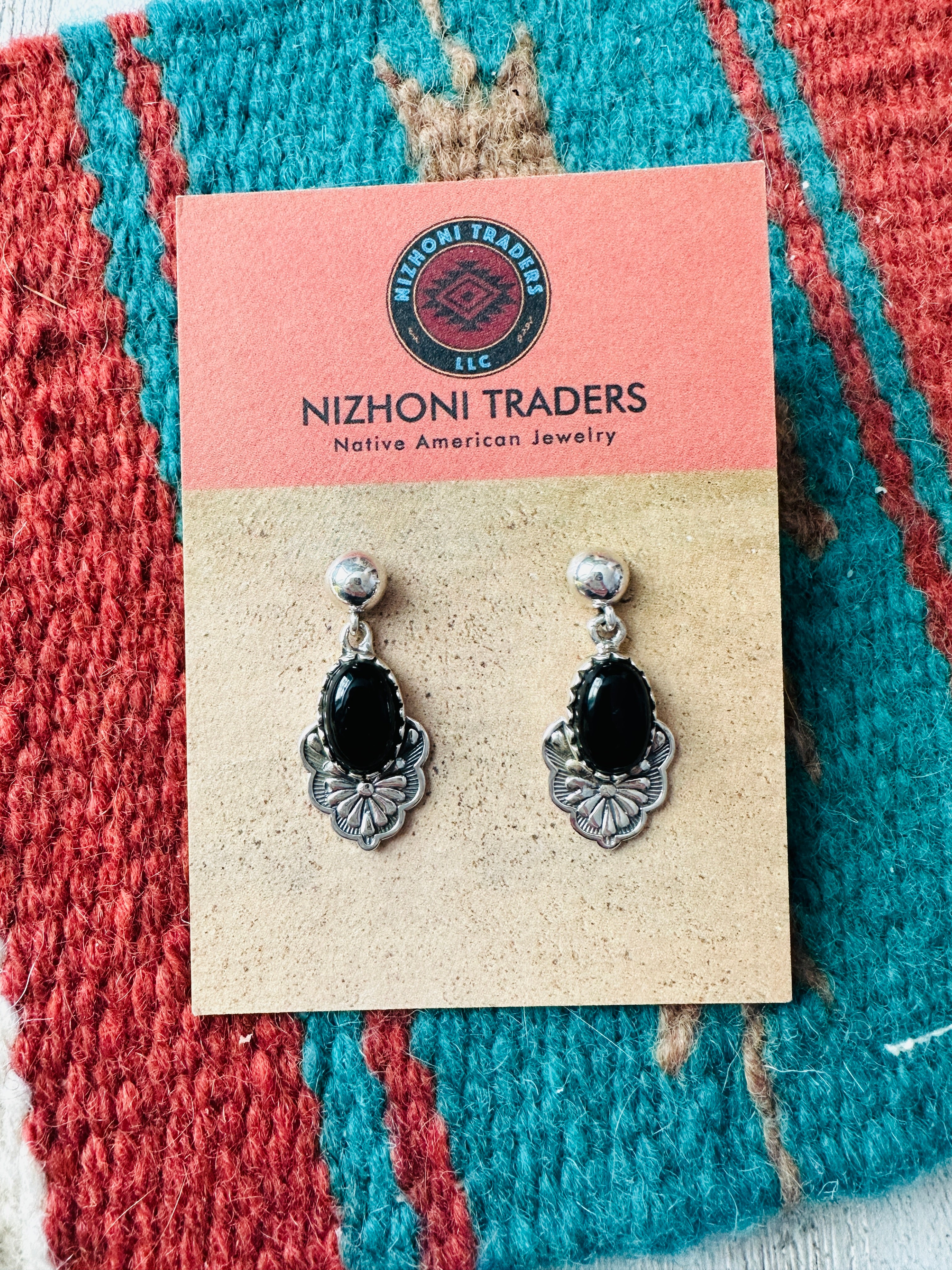 Handmade Black Onyx & Sterling Silver Dangle Earrings Signed Nizhoni