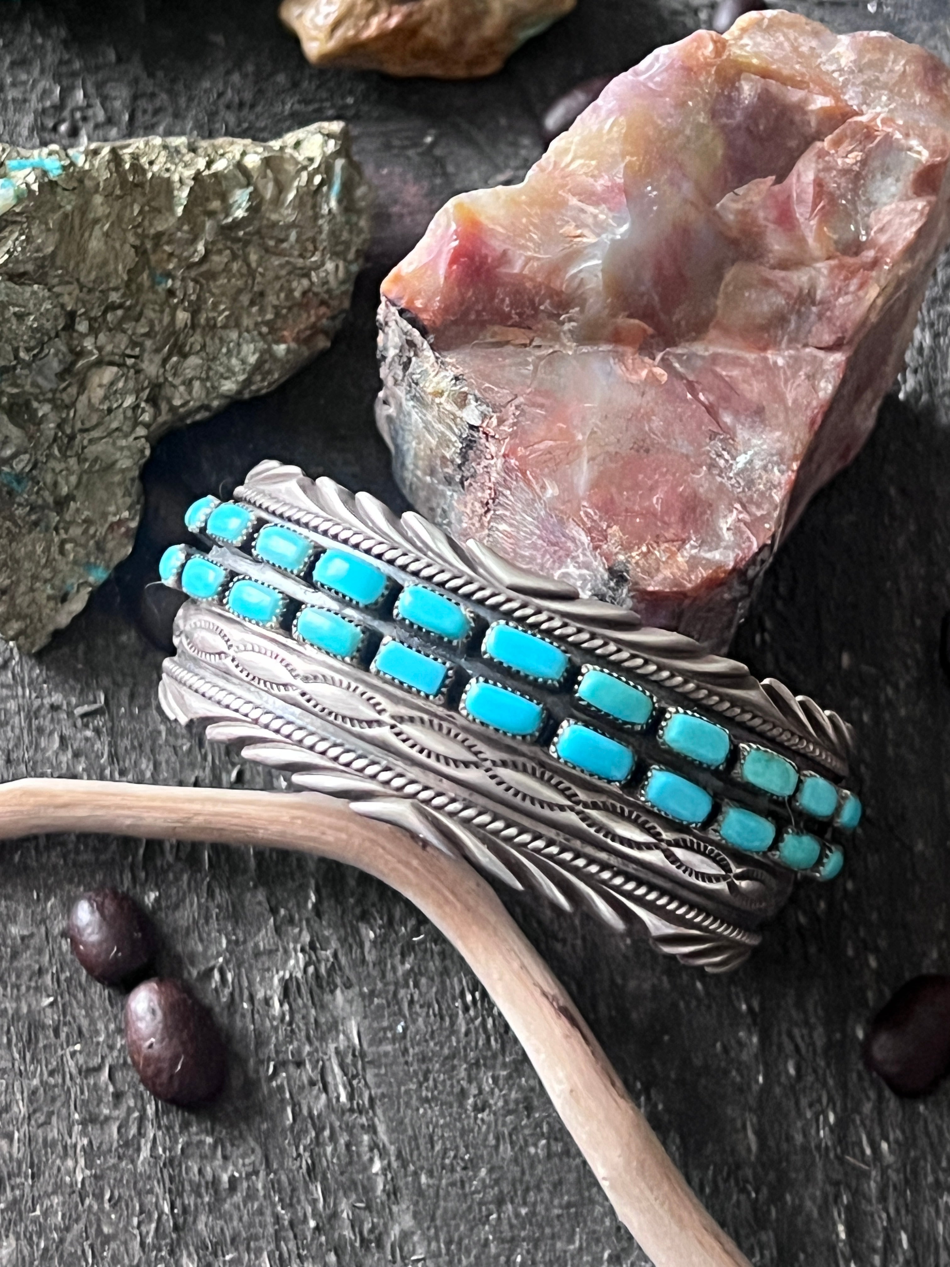 Vintage Sterling Silver and Kingman Turquoise Row Cuff by James Martin