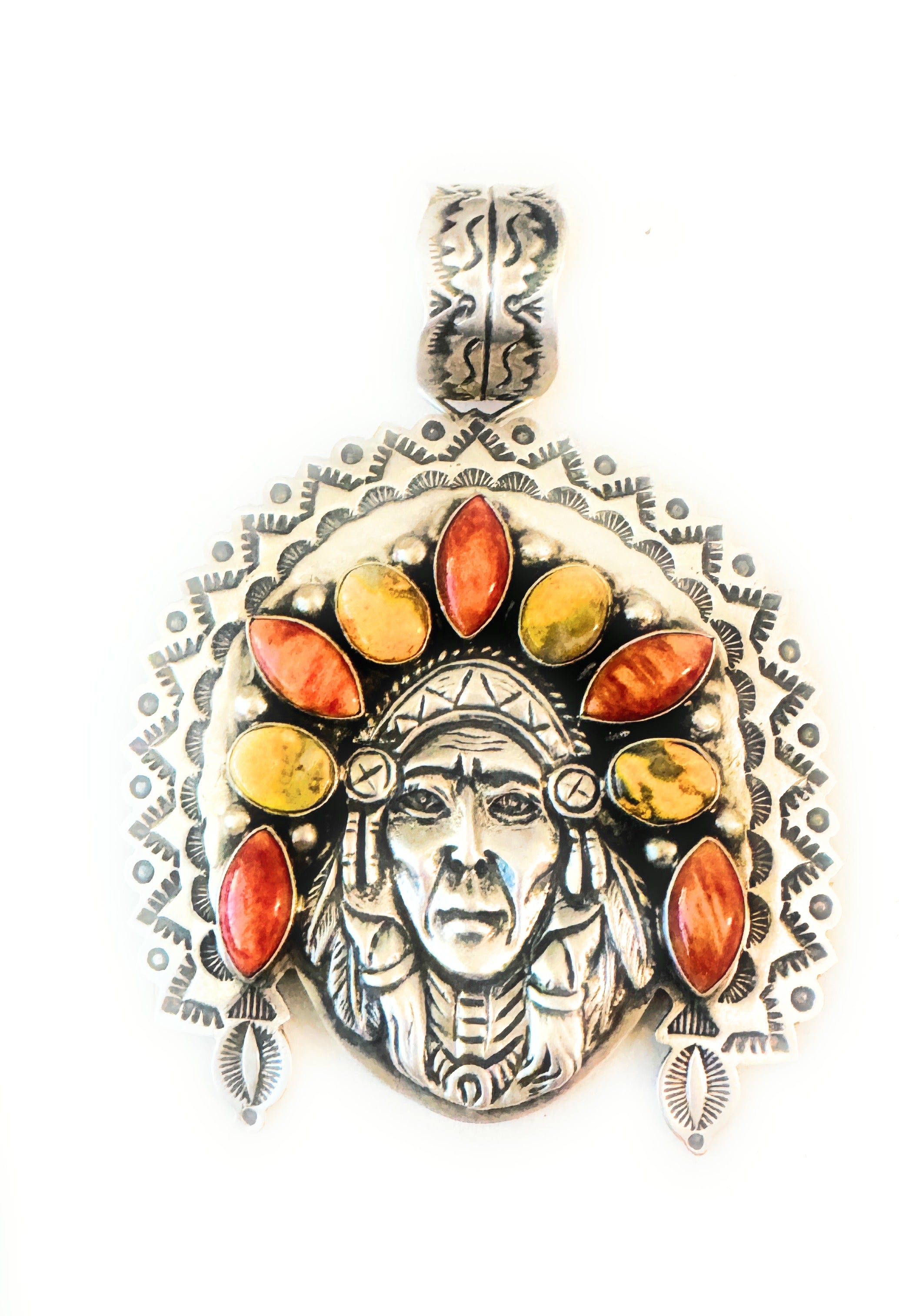 Navajo Spiny, Jasper & Sterling Silver Indian Chief Pendant