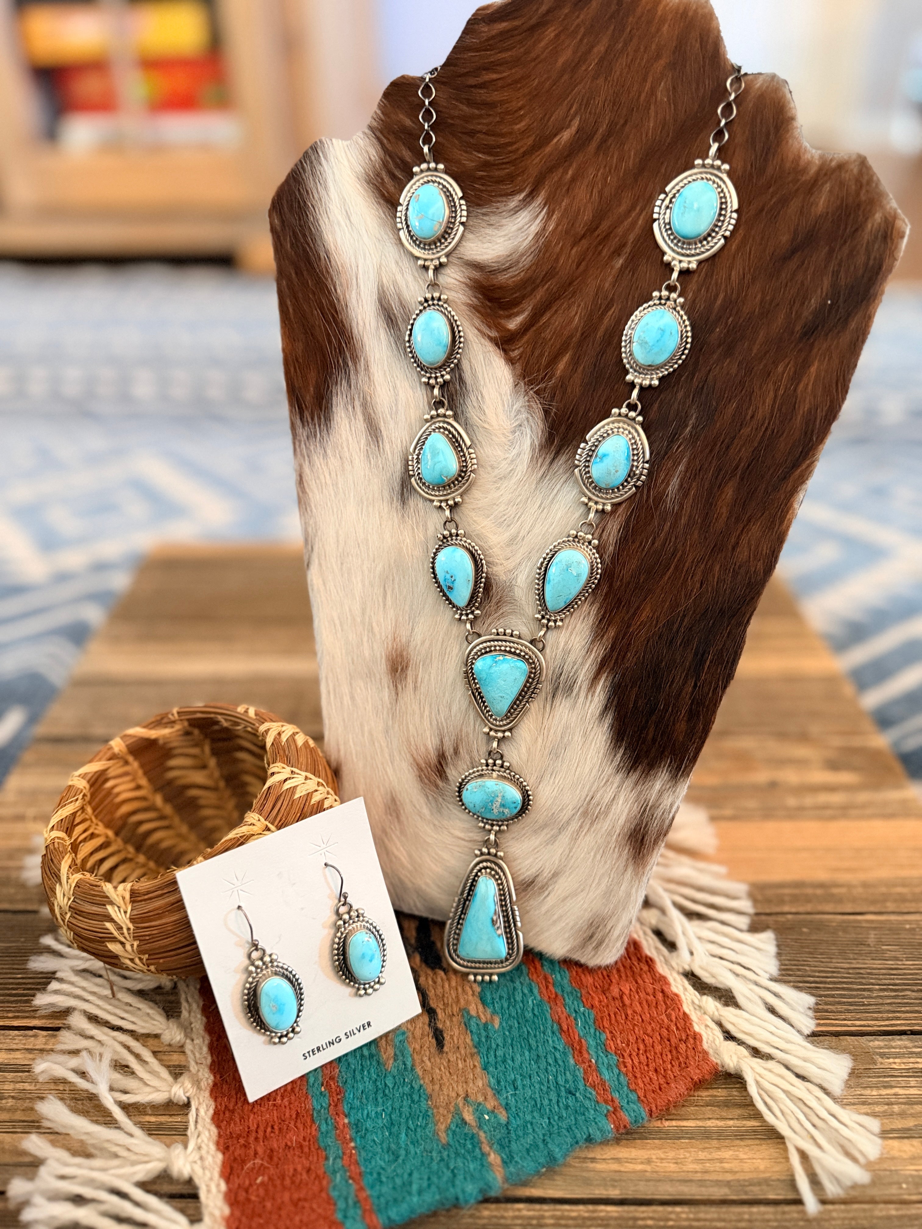 Handcrafted Kingman Turquoise & Sterling Silver Necklace and Earring Set