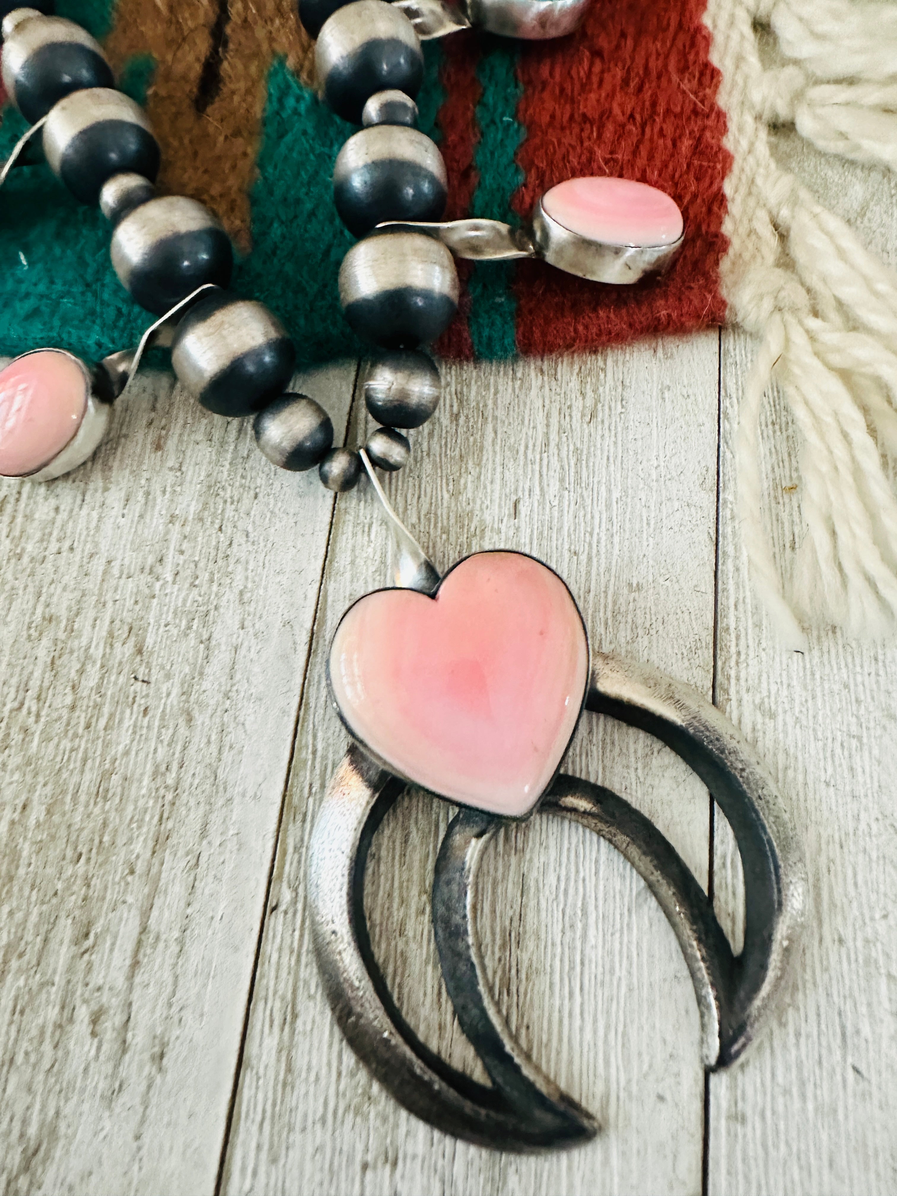 Handcrafted Queen Pink Conch, Turquoise & Sterling Silver Beaded Squash Blossom Necklace by Chimney Butte