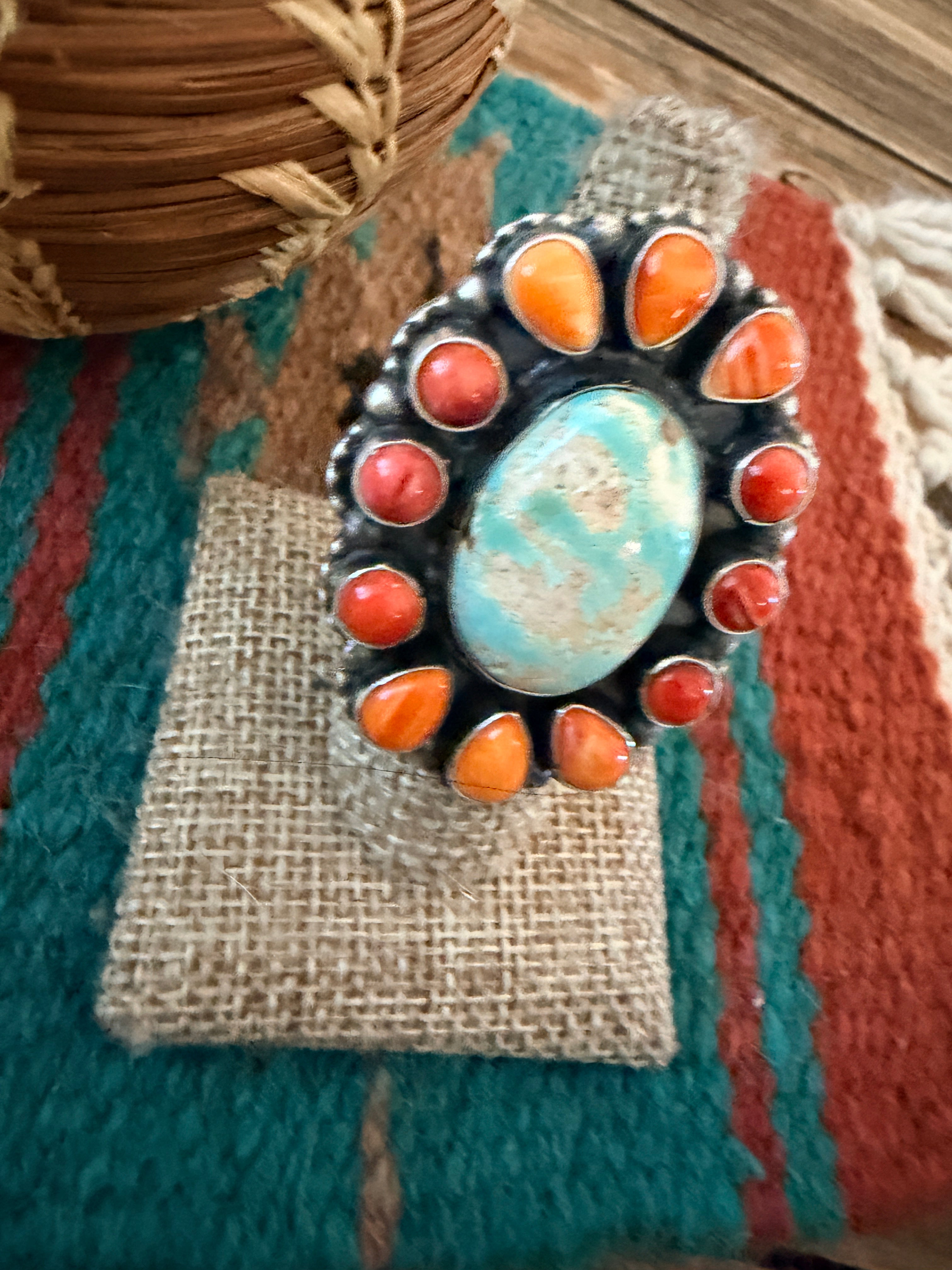 Handcrafted Spiny Oyster, Turquoise & Sterling Silver Cluster Ring by Sheila Becenti Size 7