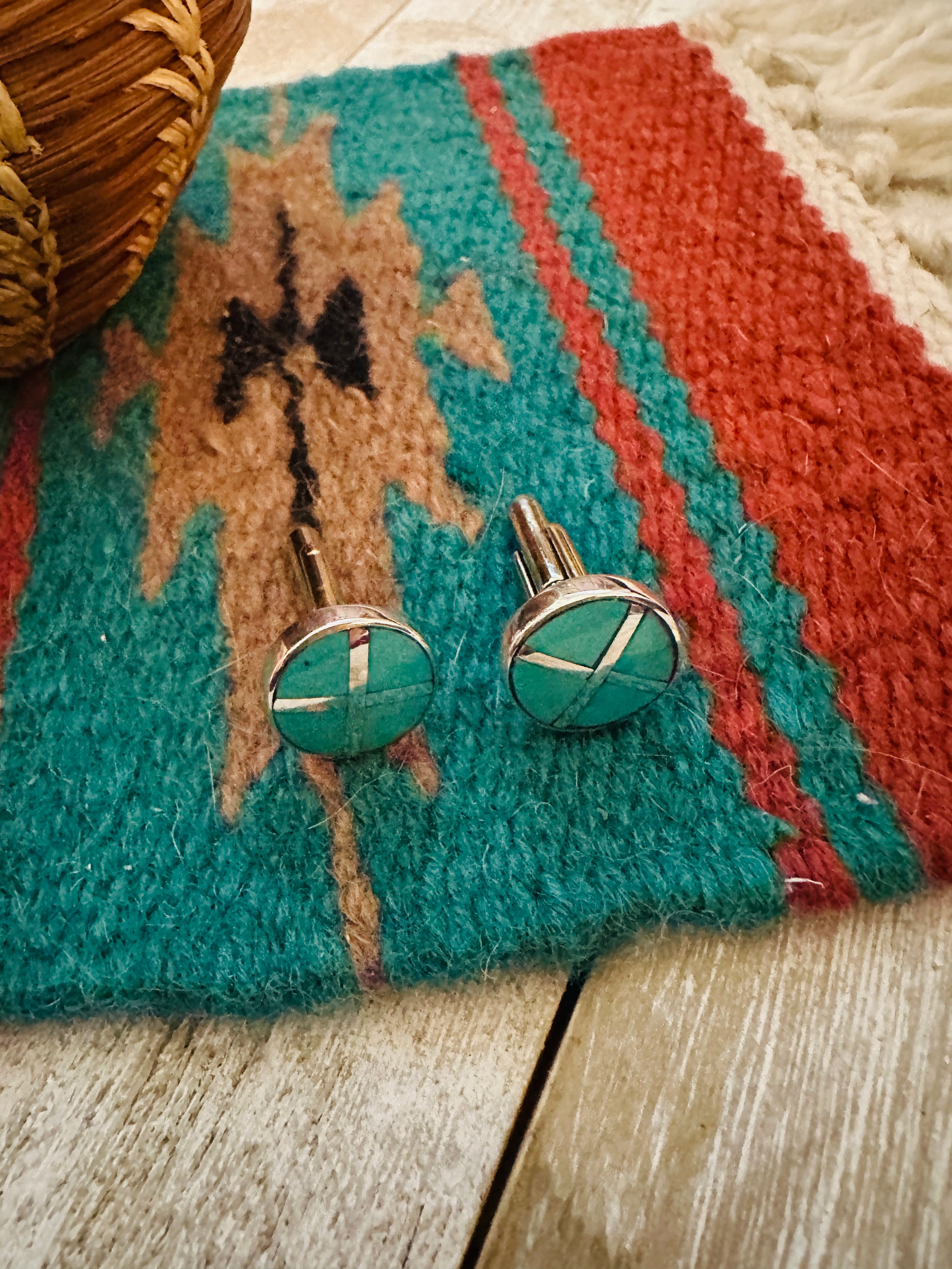 Navajo Sterling Silver & Turquoise Inlay Cuff Links