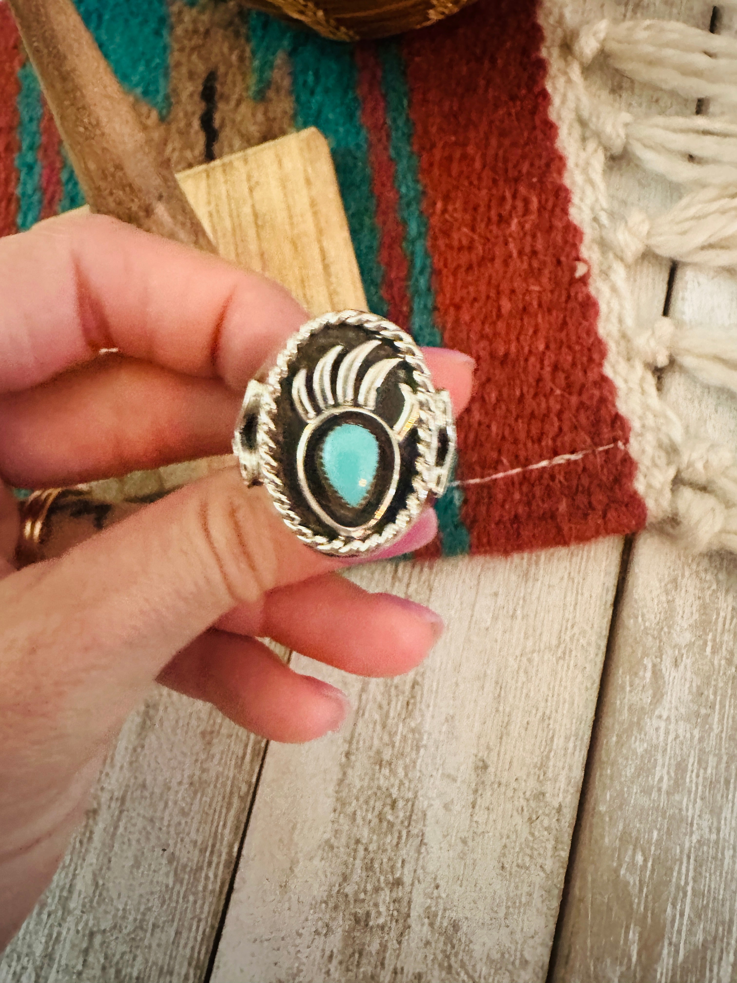 Navajo Turquoise & Sterling Silver Bear Paw Cigar Band Ring Size 11