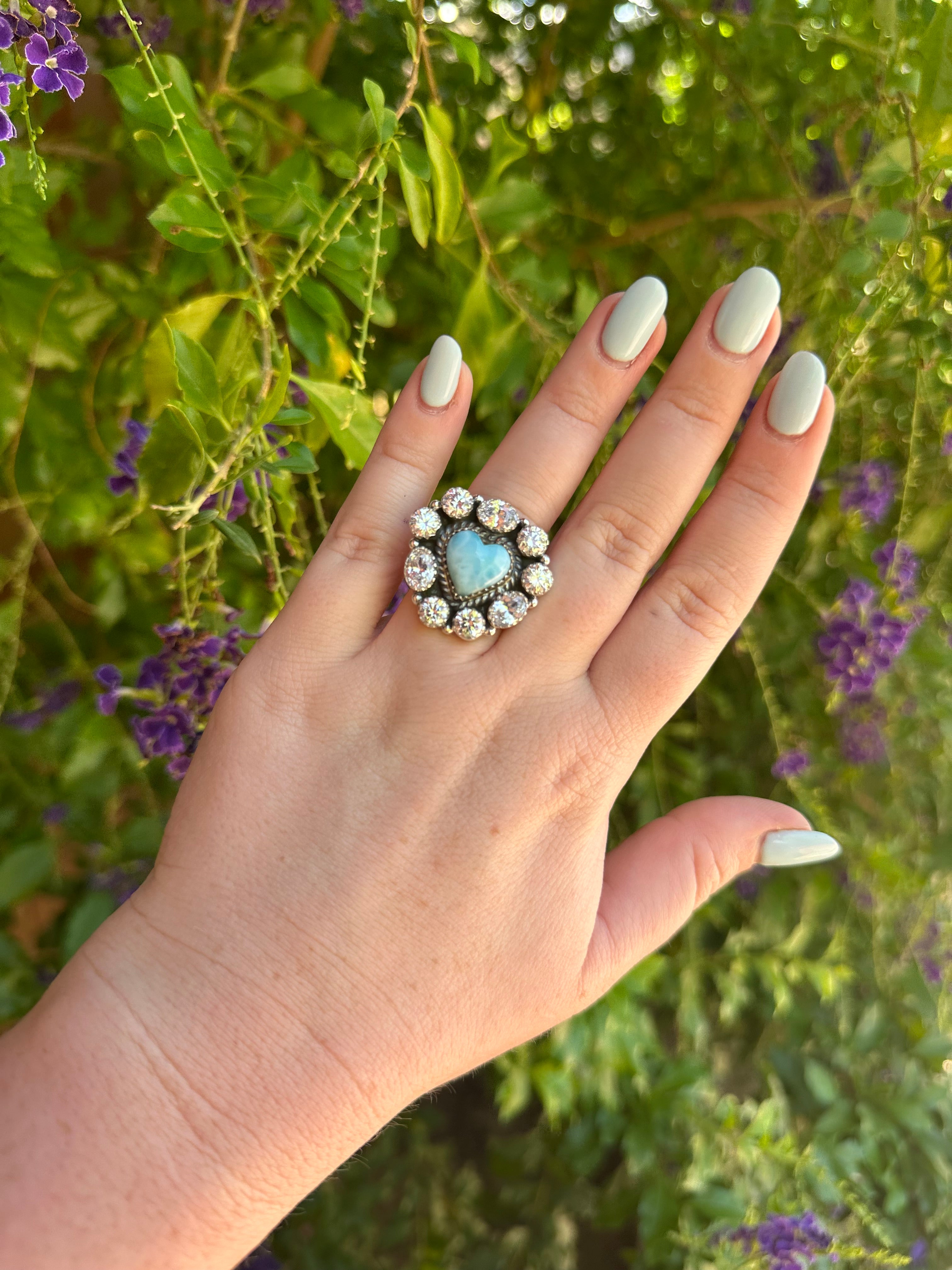 Handmade Larimar, CZ & Sterling Silver Adjustable Heart Ring