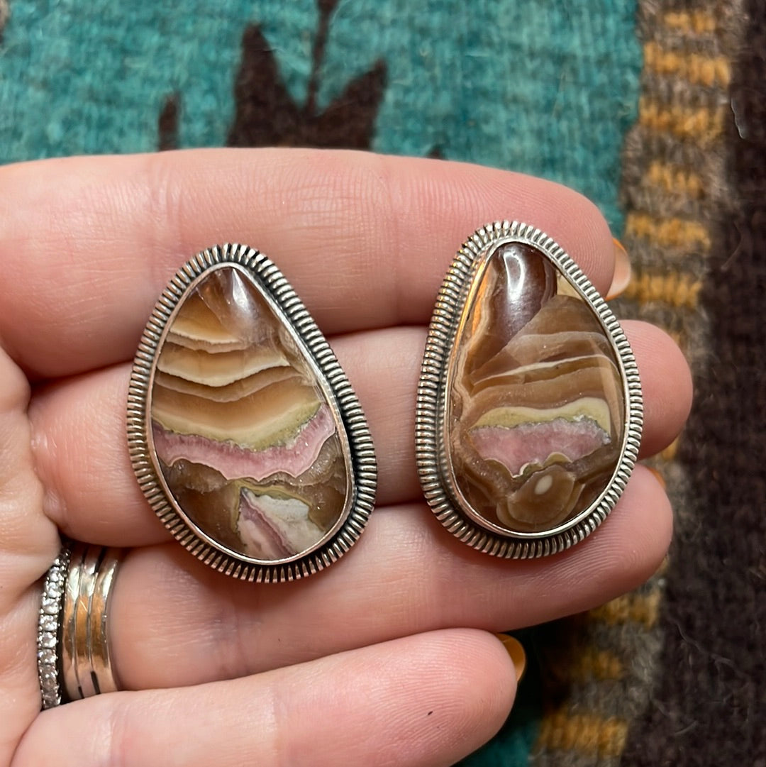 Navajo Sterling Silver & Rhodochrosite Stone Post Earrings