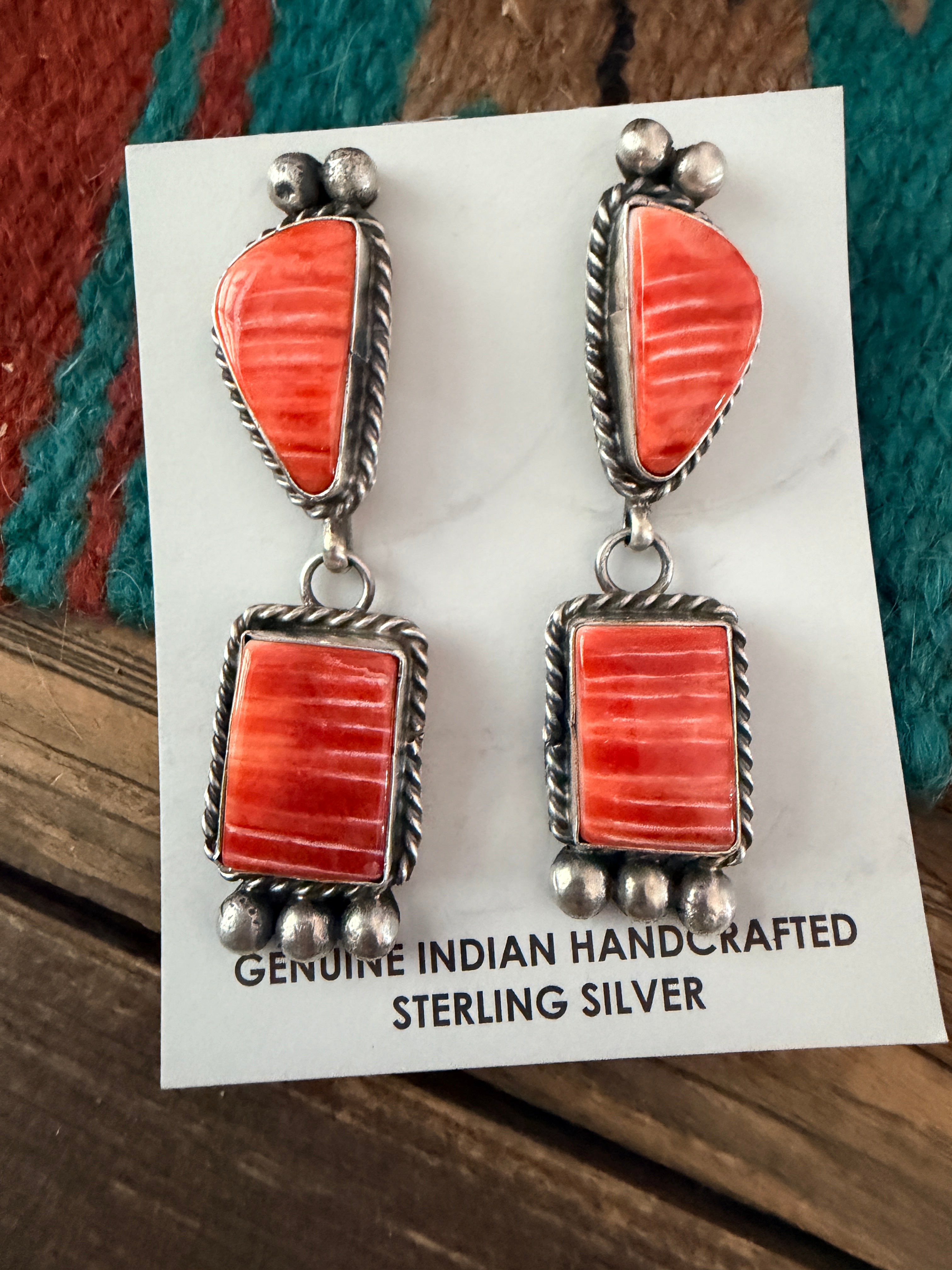 Handcrafted Sterling Silver & Spiny Oyster Dangle Earrings by Vicky Hicks