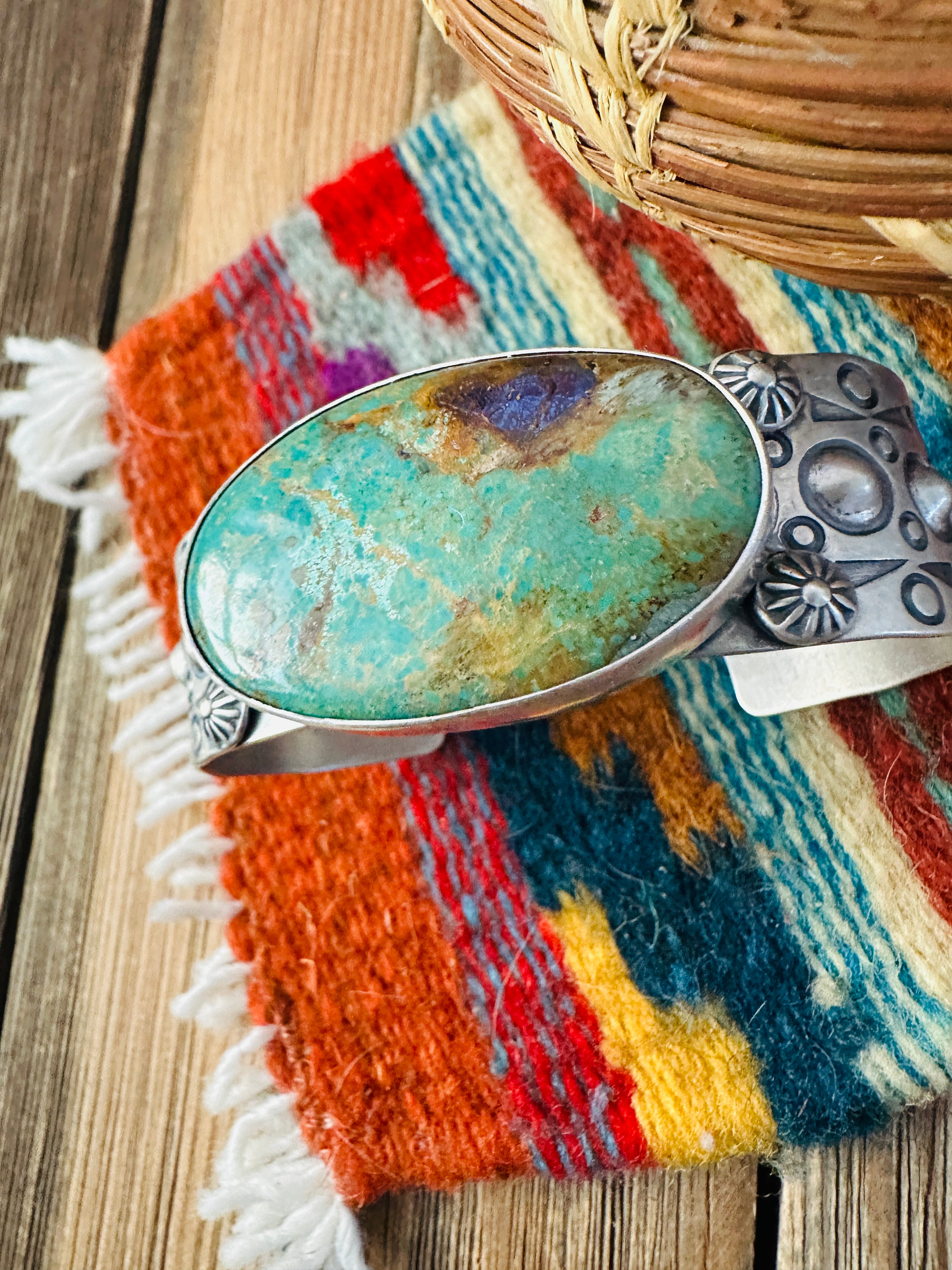 Handcrafted Royston Turquoise & Sterling Silver Cuff Bracelet by Benson Shorty