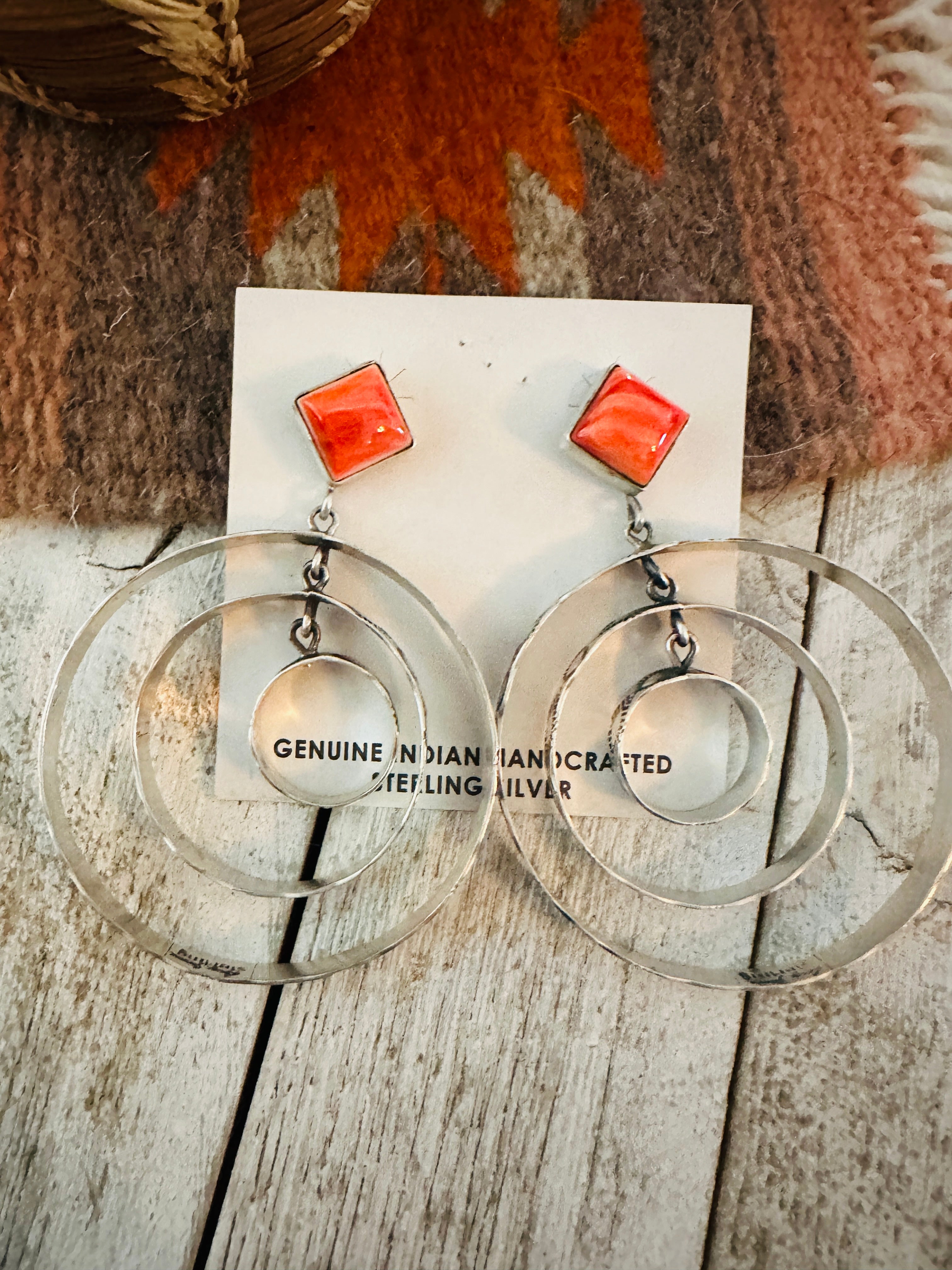 Navajo Sterling Silver & Orange Spiny Dangle Hoop Earrings