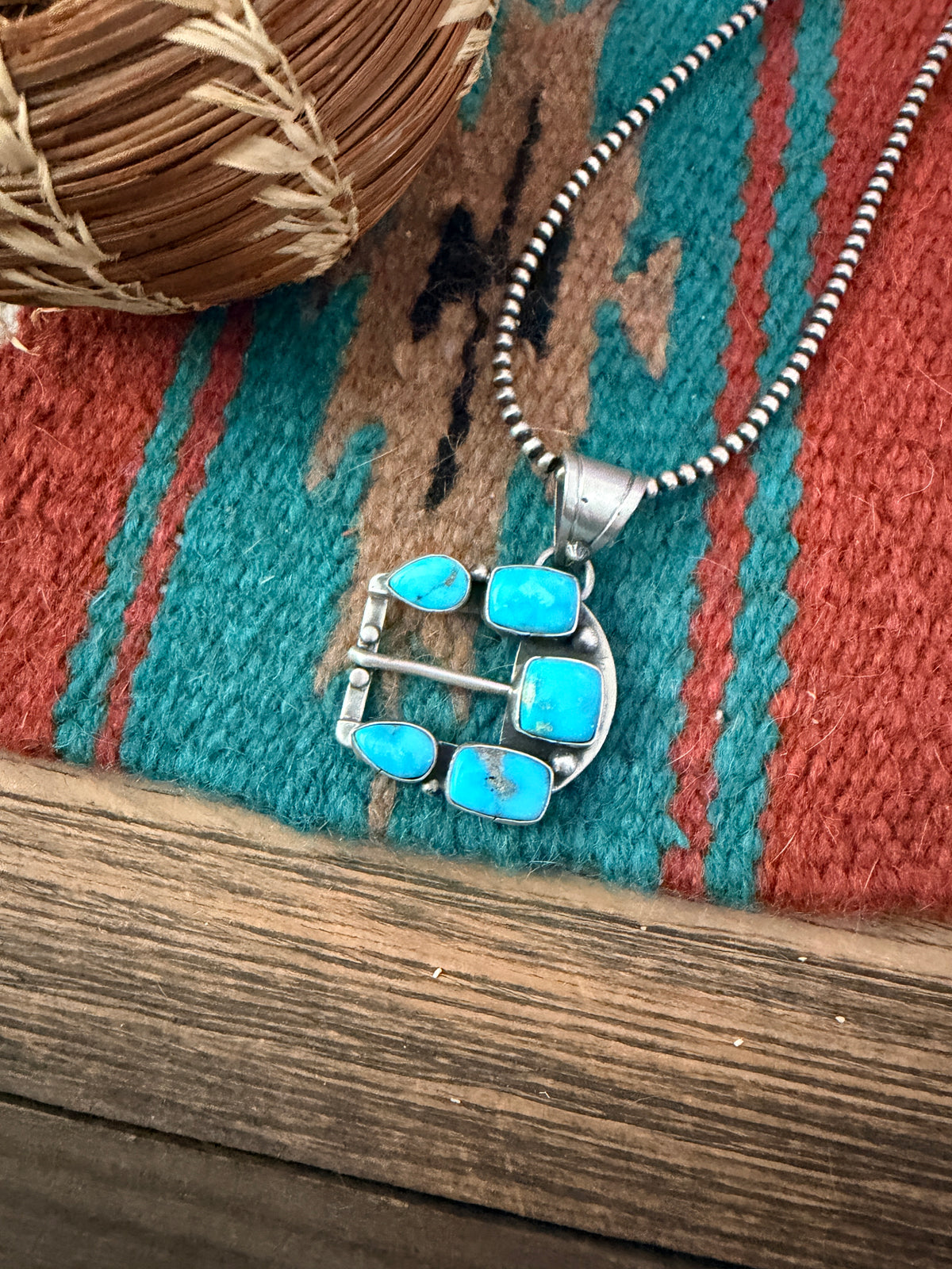 Handcrafted Sterling Silver & Turquoise Belt Buckle Pendant by Russell Sam