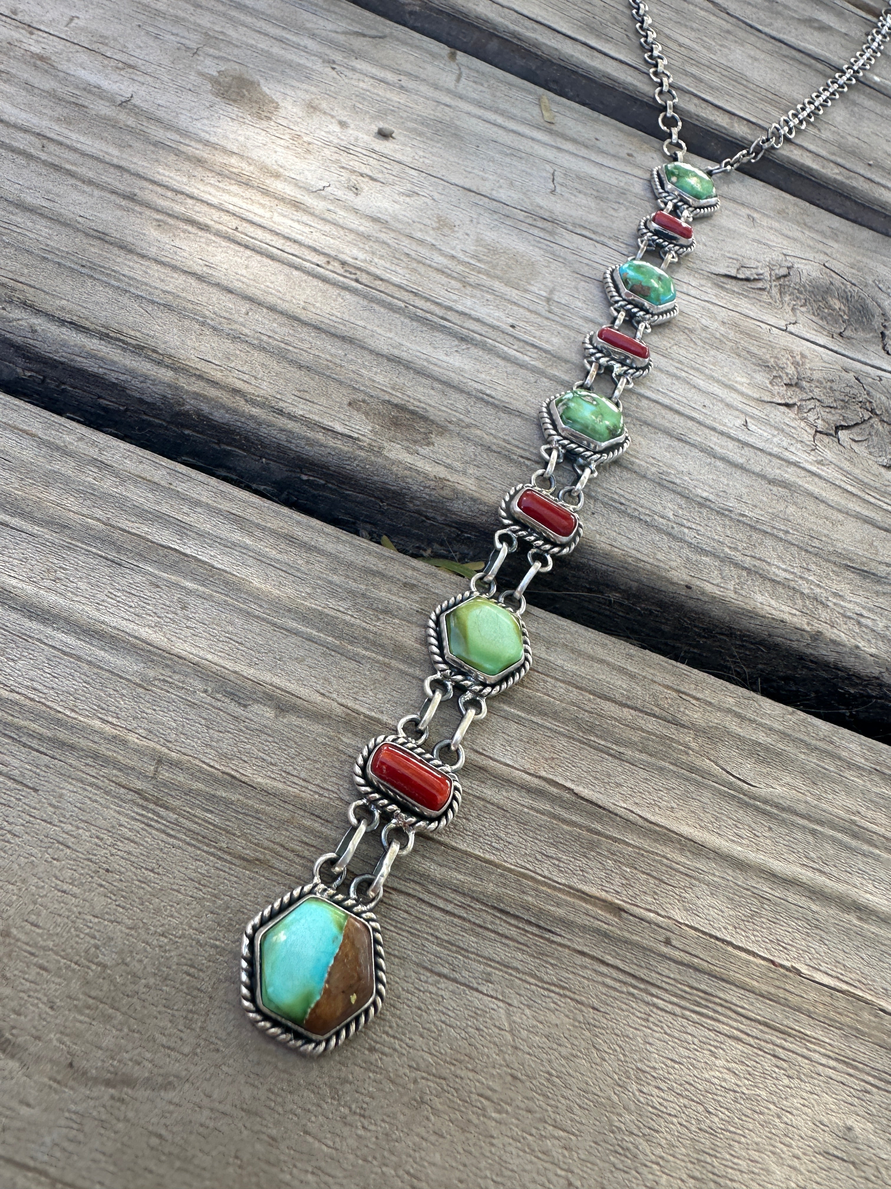 Beautiful Handmade Sterling Silver, Coral & Sonoran Turquoise Drop Necklace