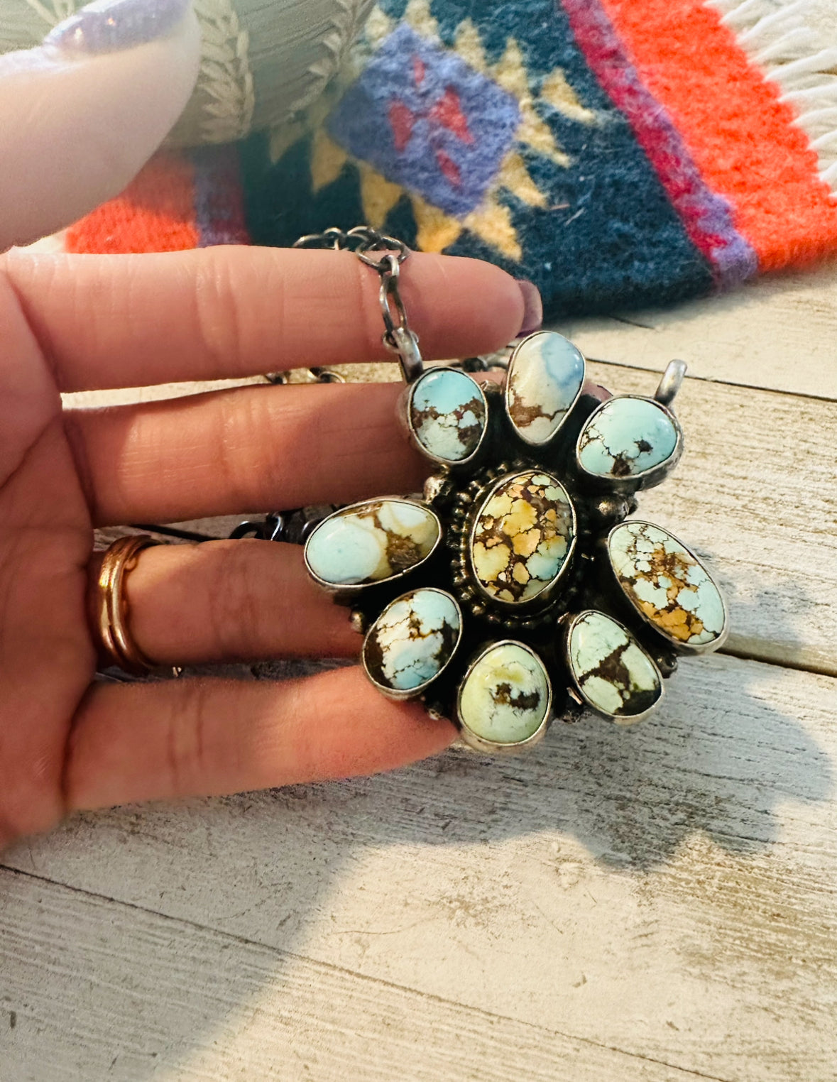 Navajo Sterling Silver & Golden Hills Turquoise Cluster Necklace