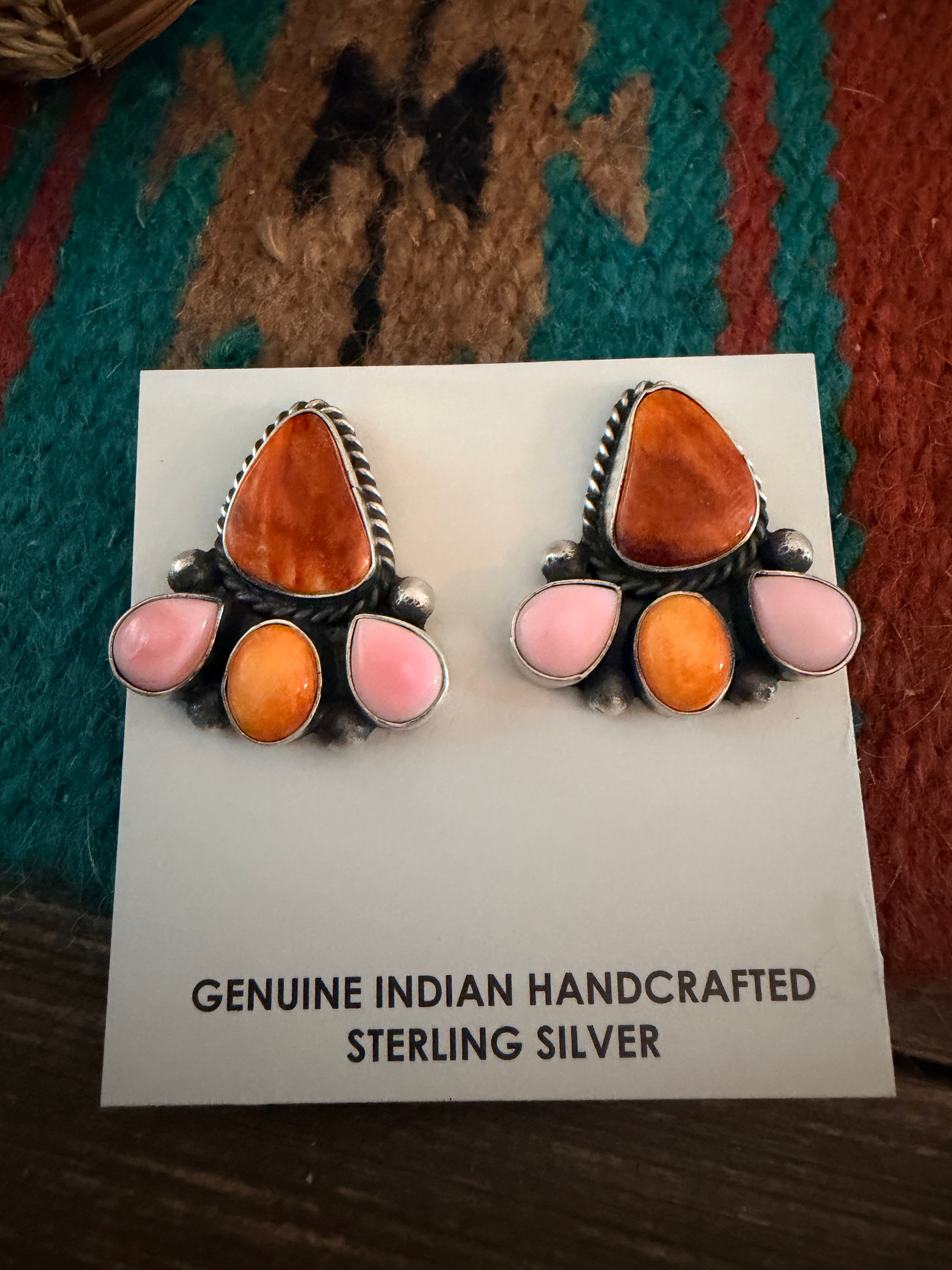 Handcrafted Spiny Oyster, Queen Pink Conch & Sterling Silver Post Earrings by Hiram Largo