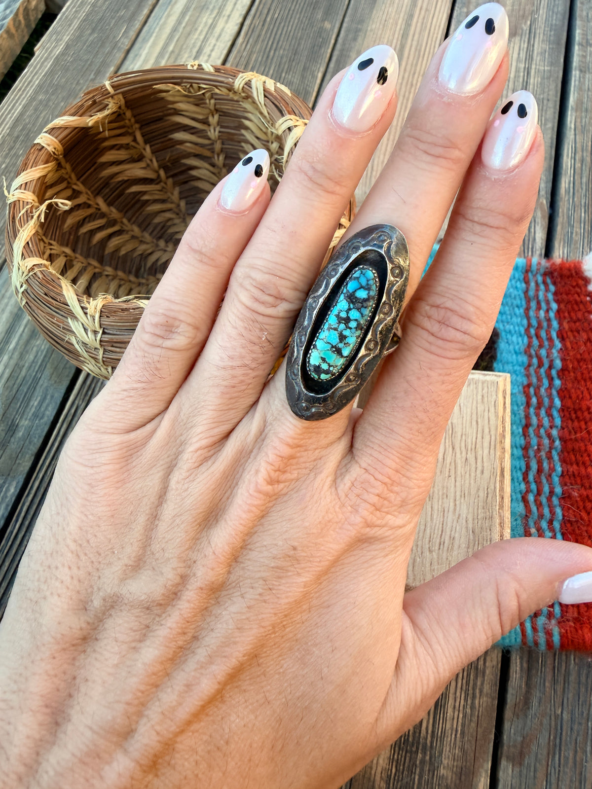 Old Pawn Handcrafted Turquoise & Sterling Silver Ring Size 6