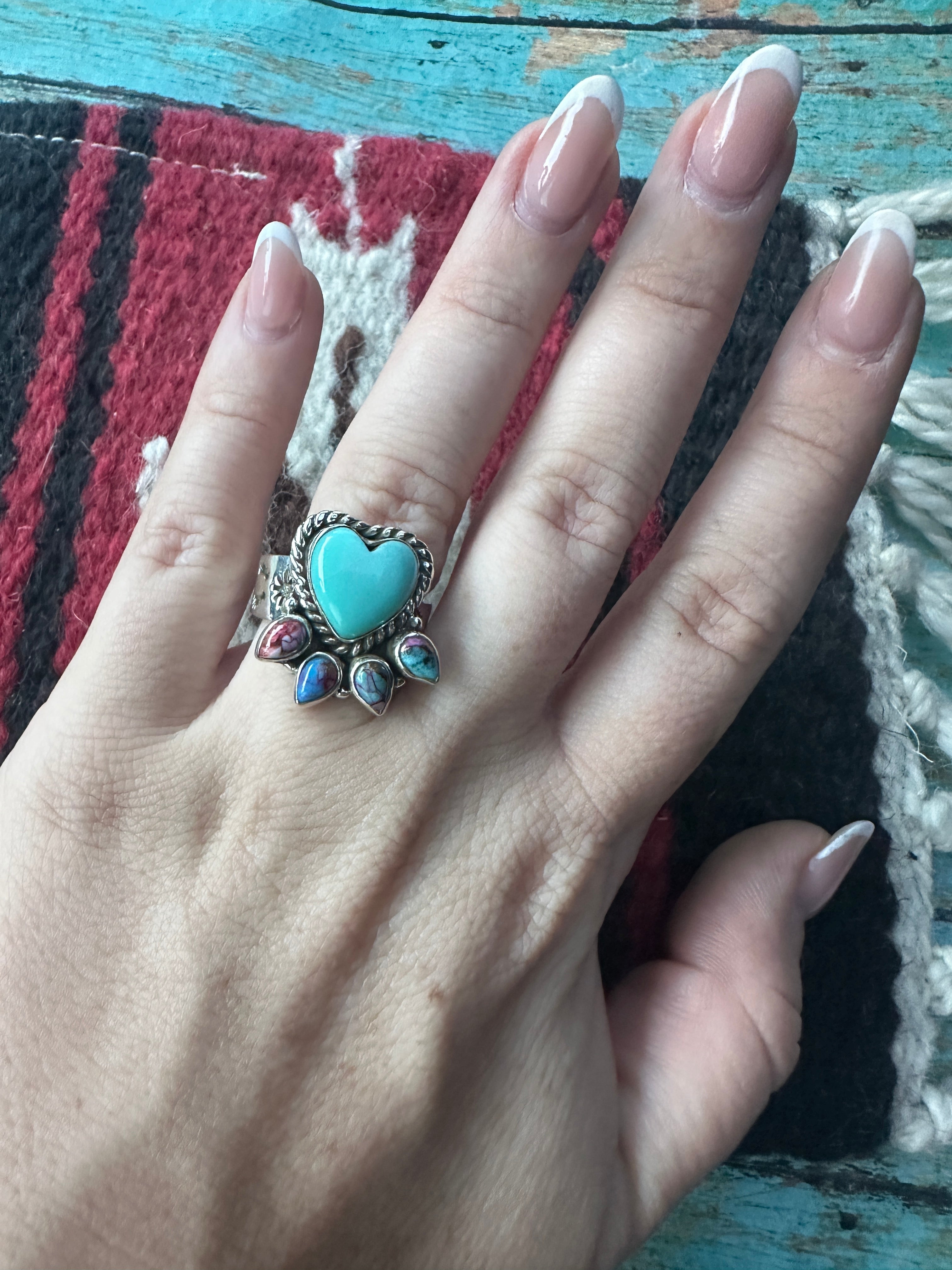 Beautiful Handmade Turquoise, Pink Dream Mojave And Sterling Silver Adjustable Heart Ring