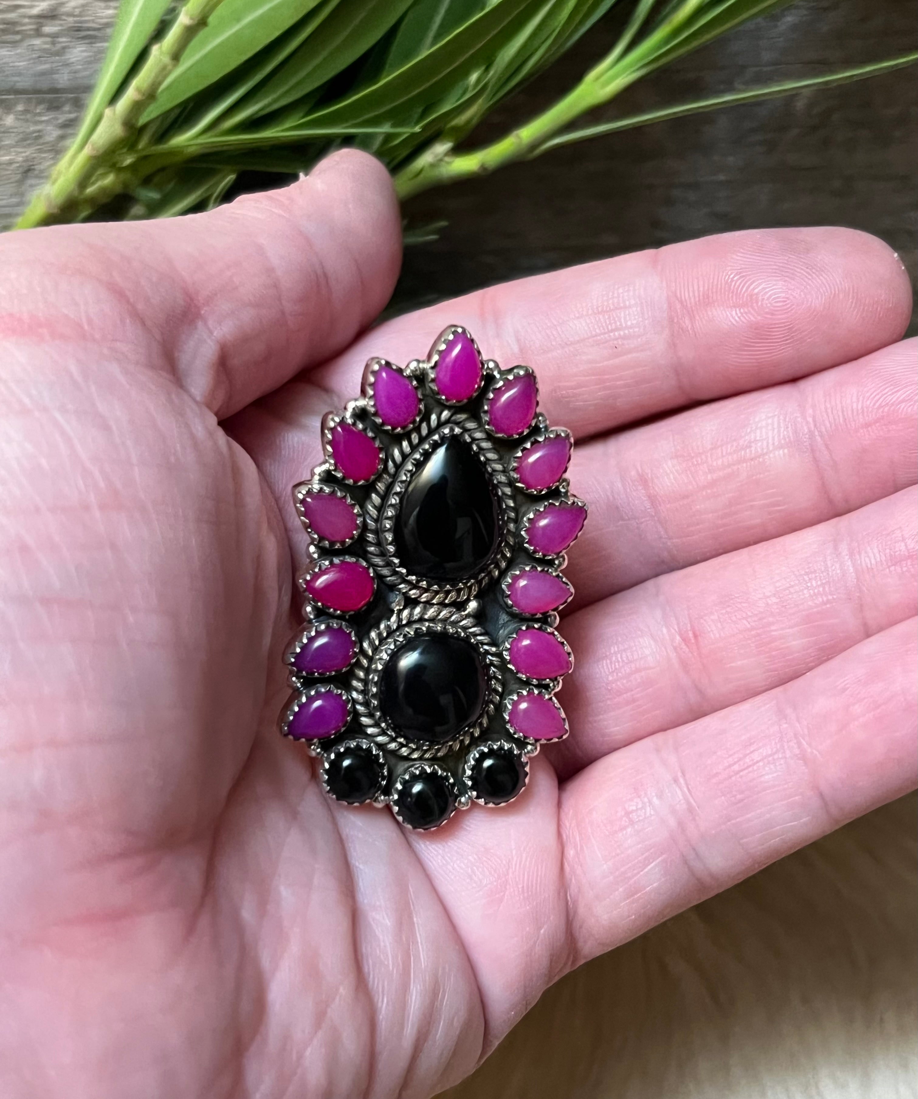 Handmade Pink & Black Onyx Sterling Silver Adjustable Ring