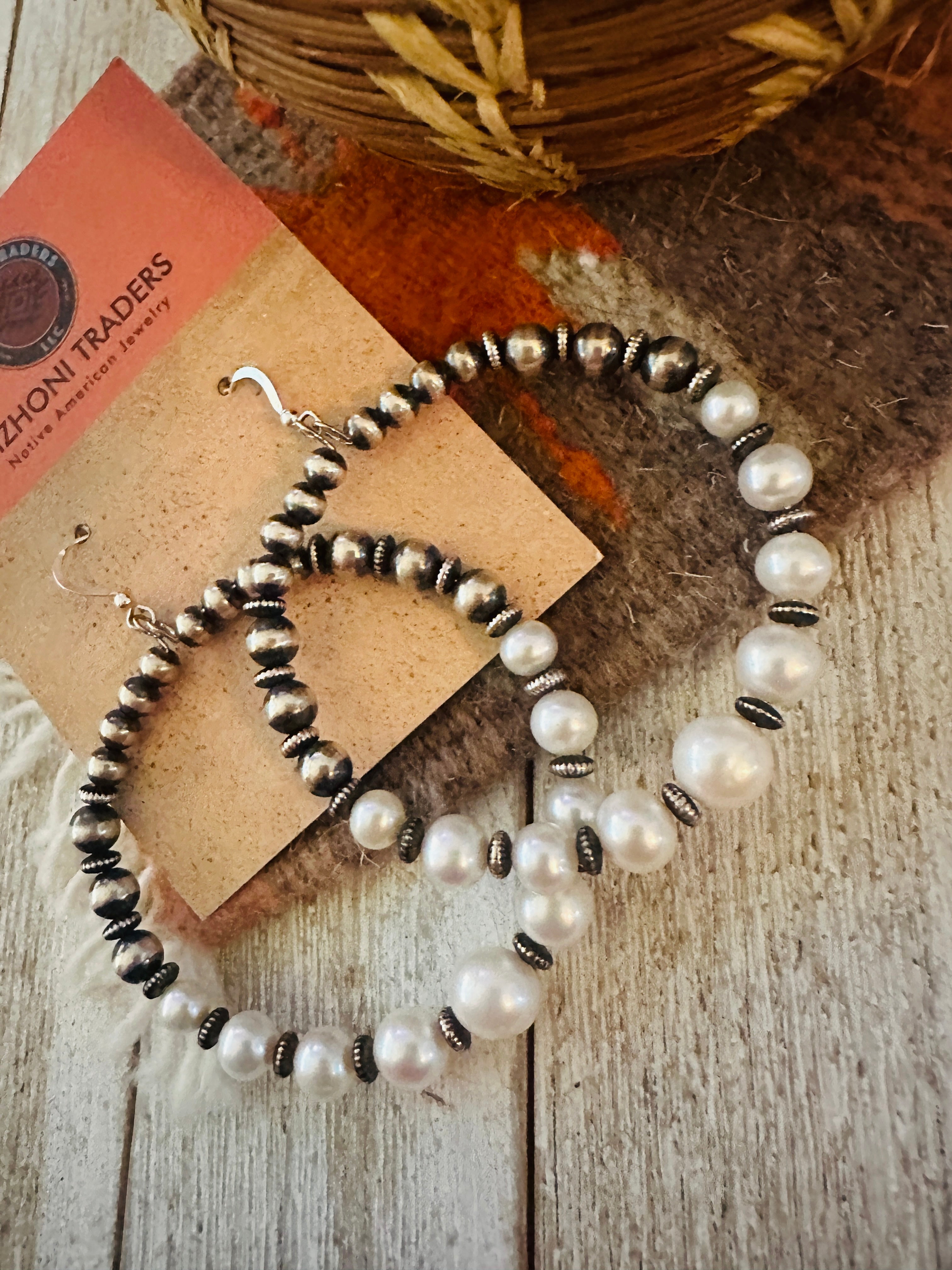 Handcrafted Freshwater Pearl & Sterling Silver Pearl Beaded Dangle Hoop Earrings