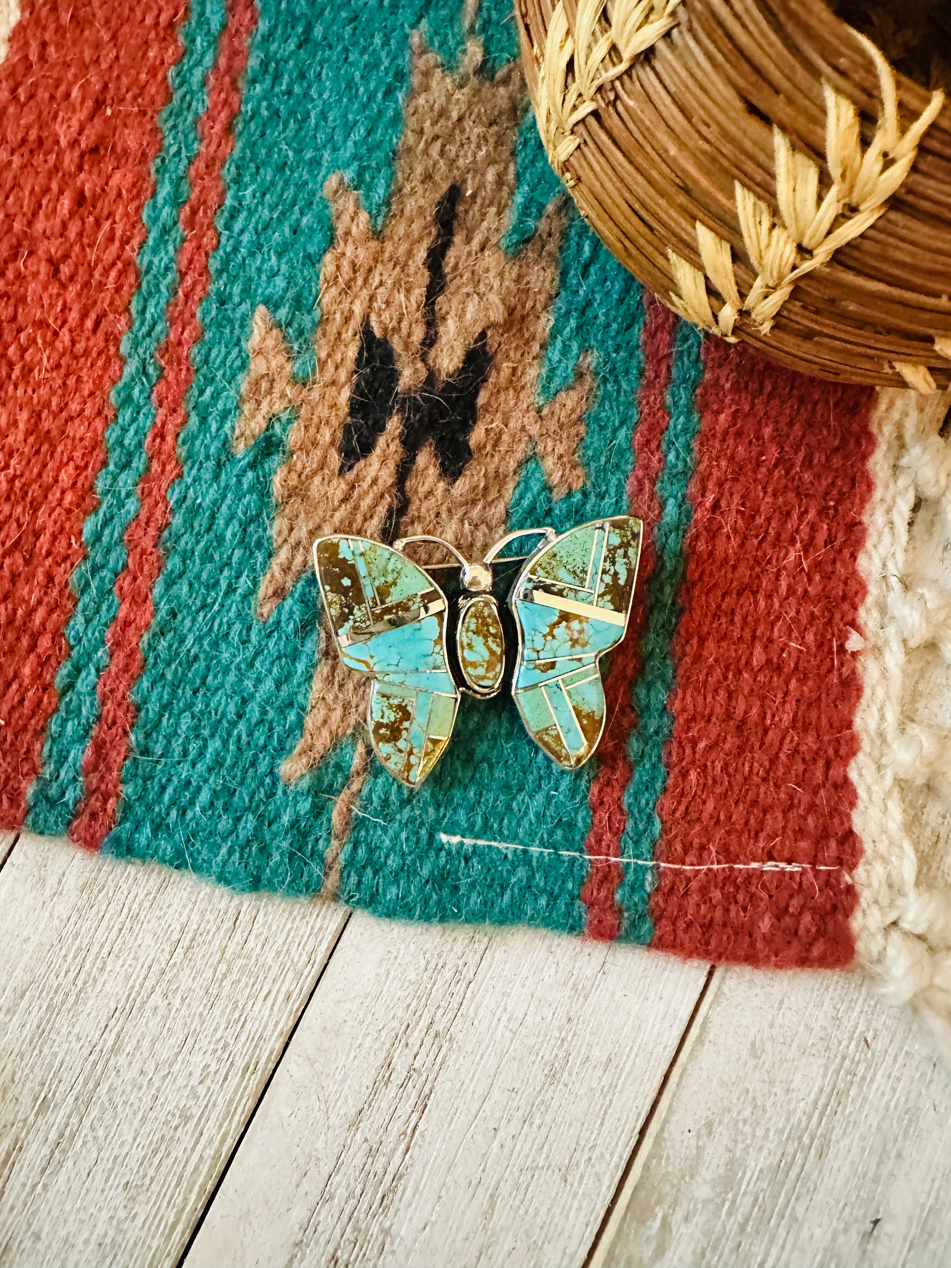 Navajo Number 8 Turquoise & Sterling Silver Butterfly Brooch / Pendant