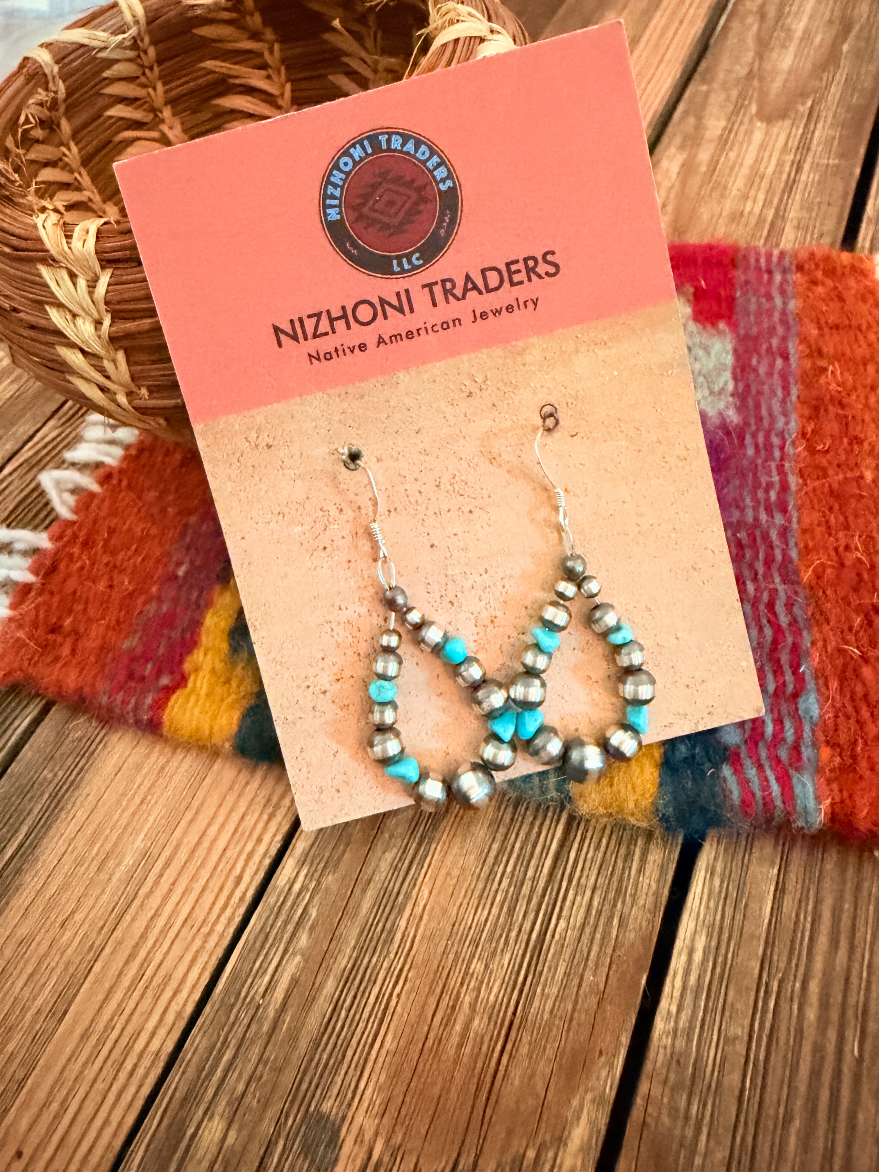 Handcrafted Turquoise & Sterling Silver Pearl Beaded Dangle Hoop Earrings