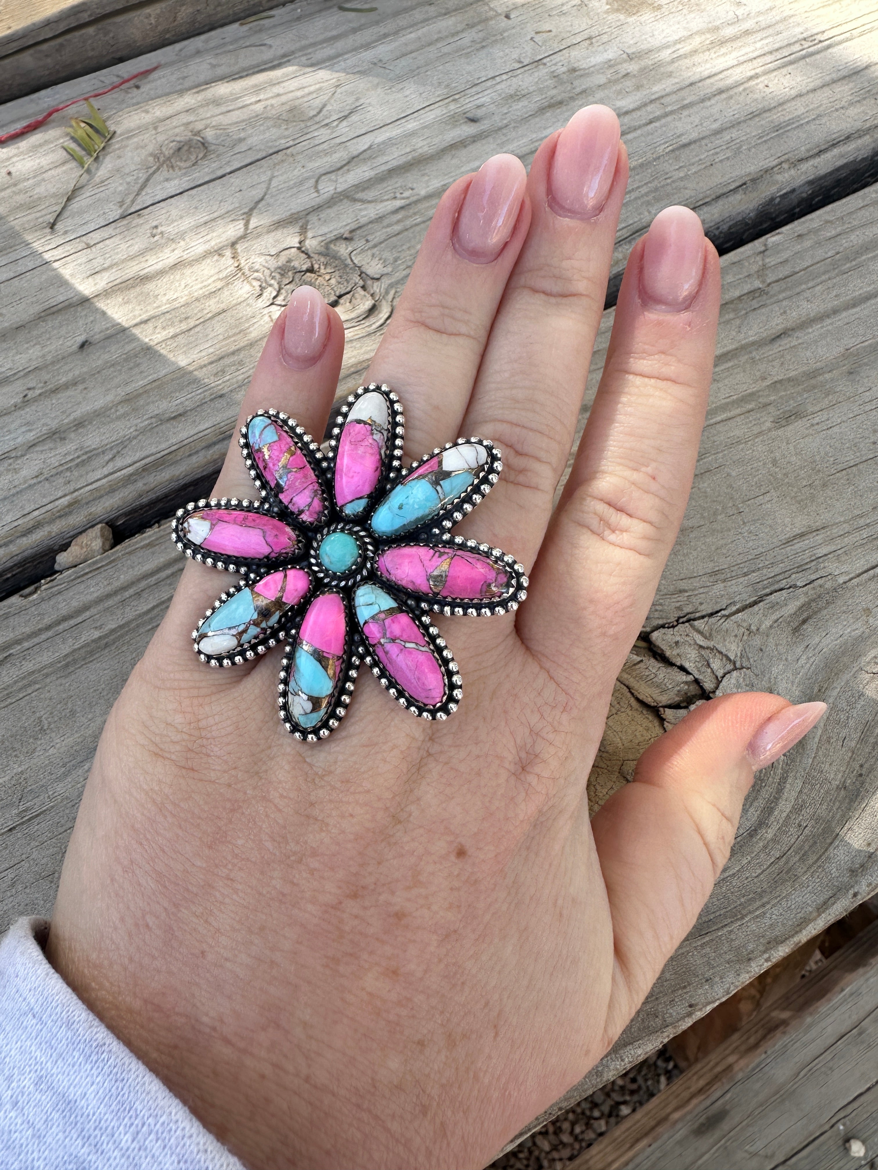 Handmade Cotton Candy Sterling Adjustable Flower Ring BIGGER STYLE