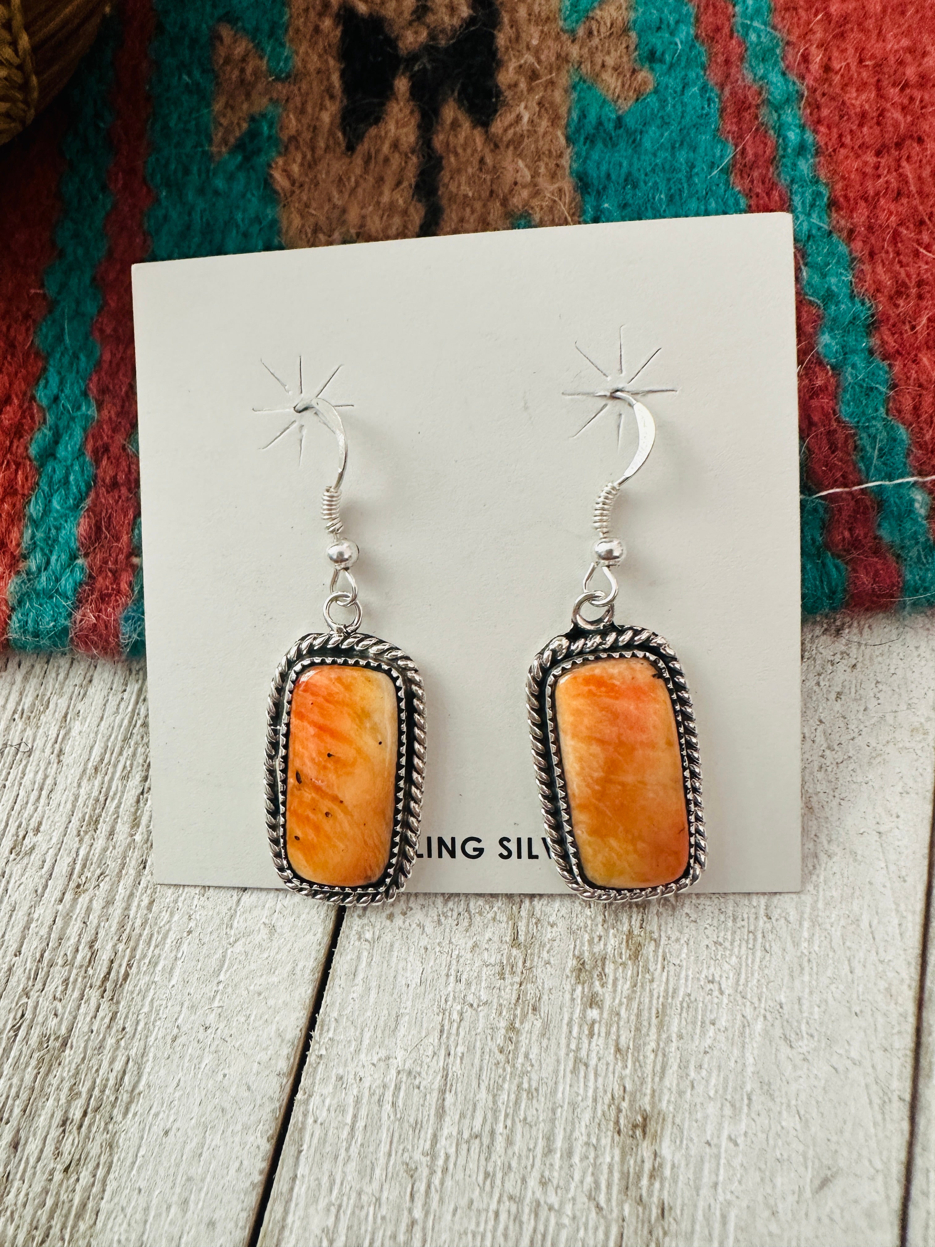 Navajo Orange Spiny and Sterling Silver Dangle Earrings