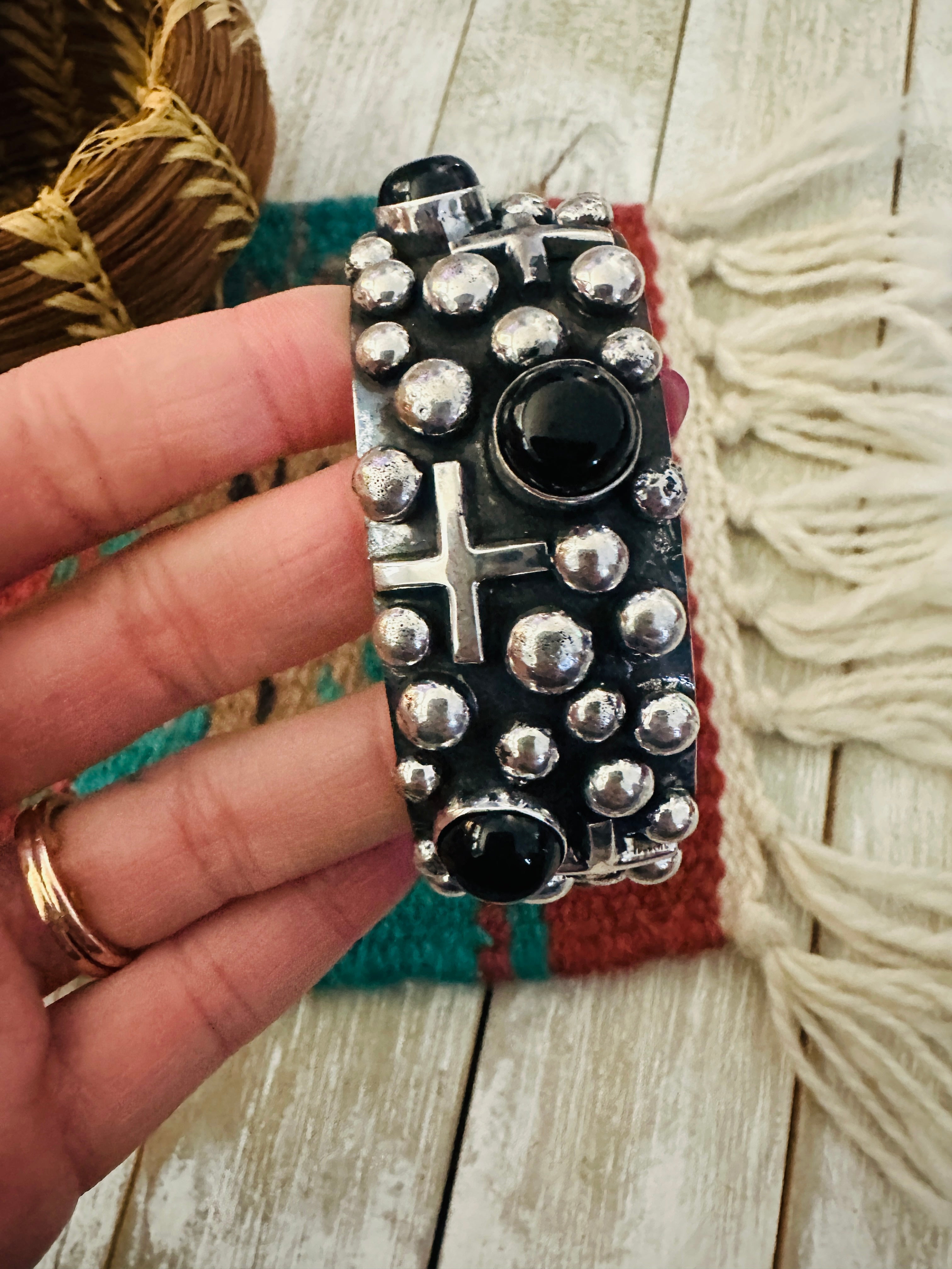 Handcrafted Onyx & Sterling Silver Cross Cuff Bracelet by Chimney Butte