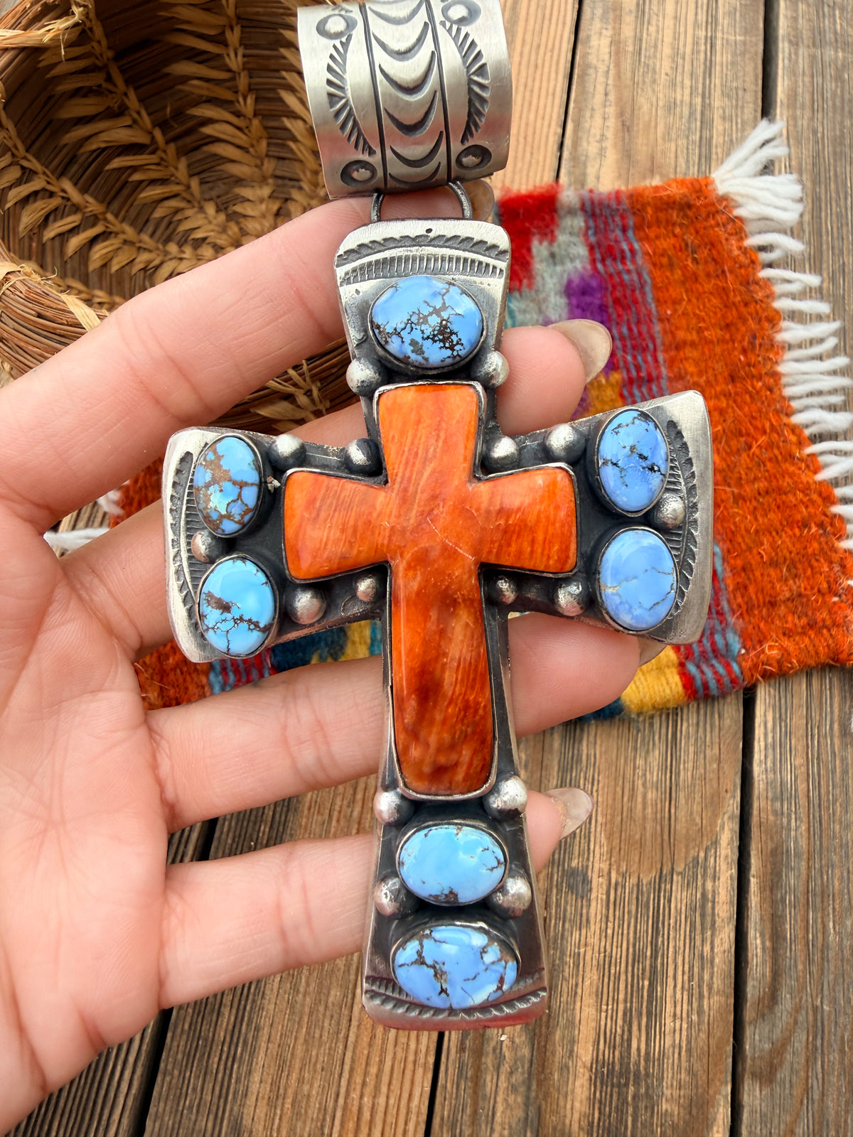 Handcrafted Turquoise, Spiny Oyster & Sterling Silver Cross Pendant by Chimney Butte