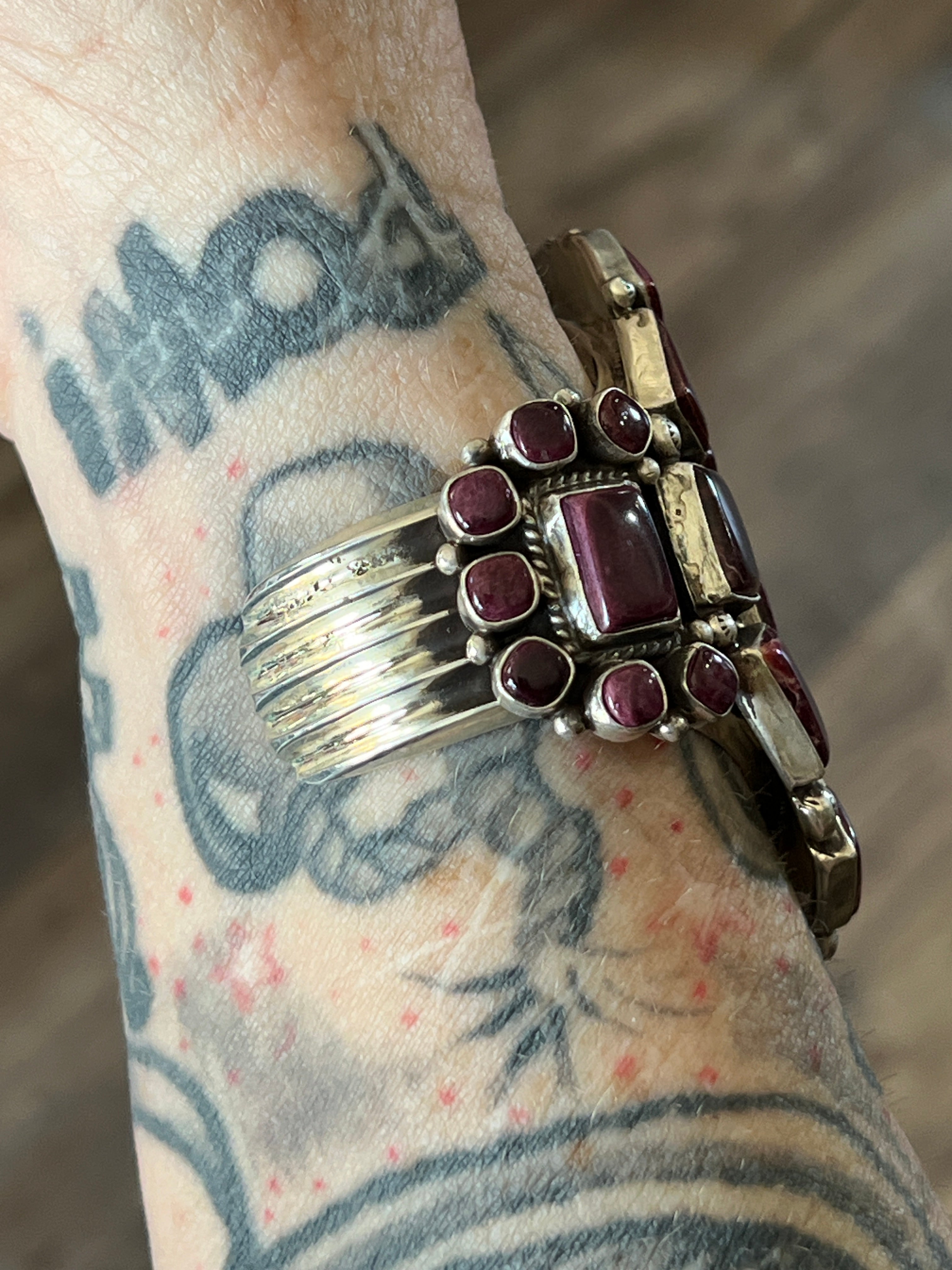 Handcrafted Sterling Silver and Purple Spiny Oyster Cuff Bracelet by Tyler Brown /