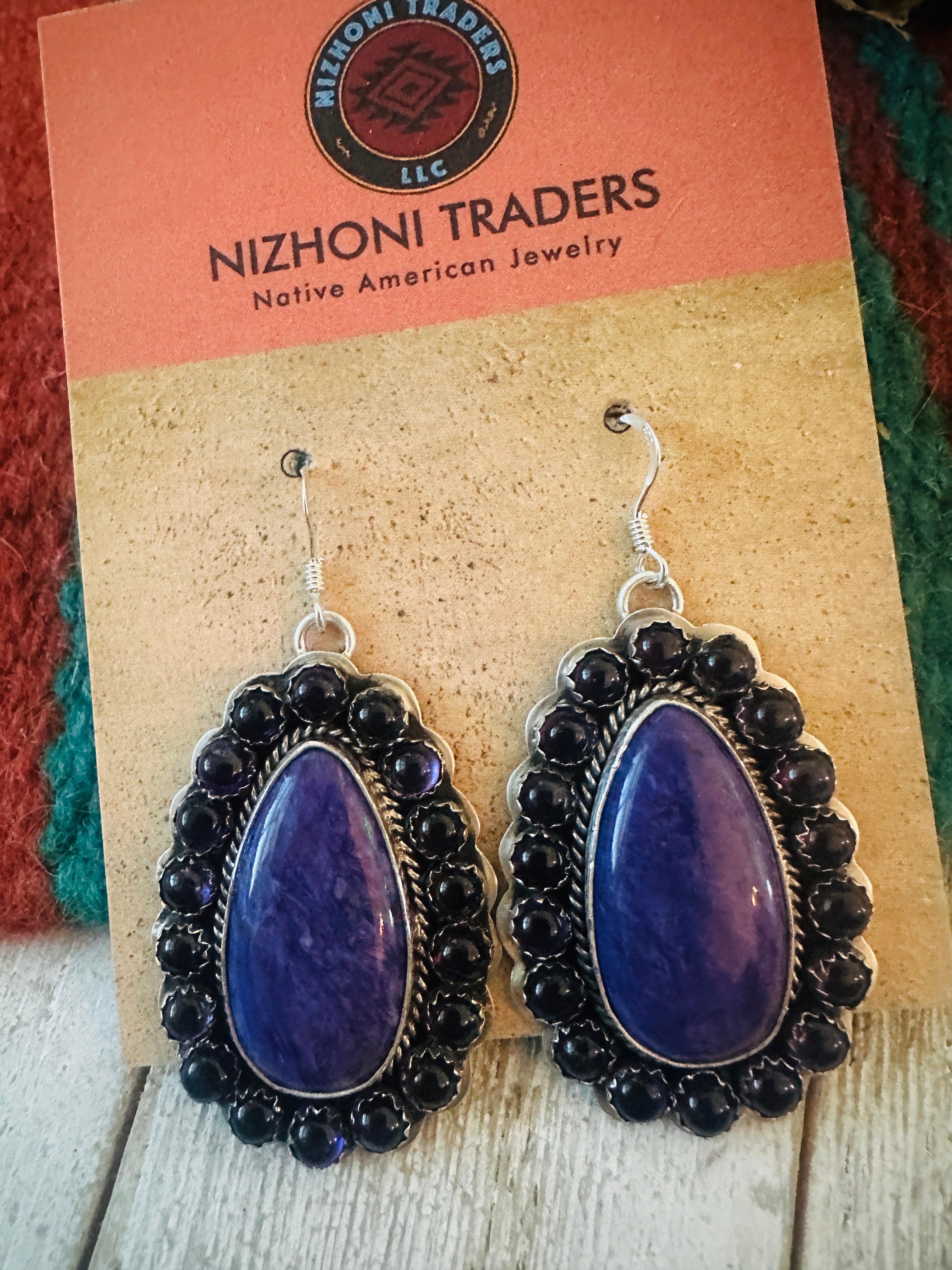 Navajo Sterling Silver, Charoite & Amethyst Cluster Dangle Earrings