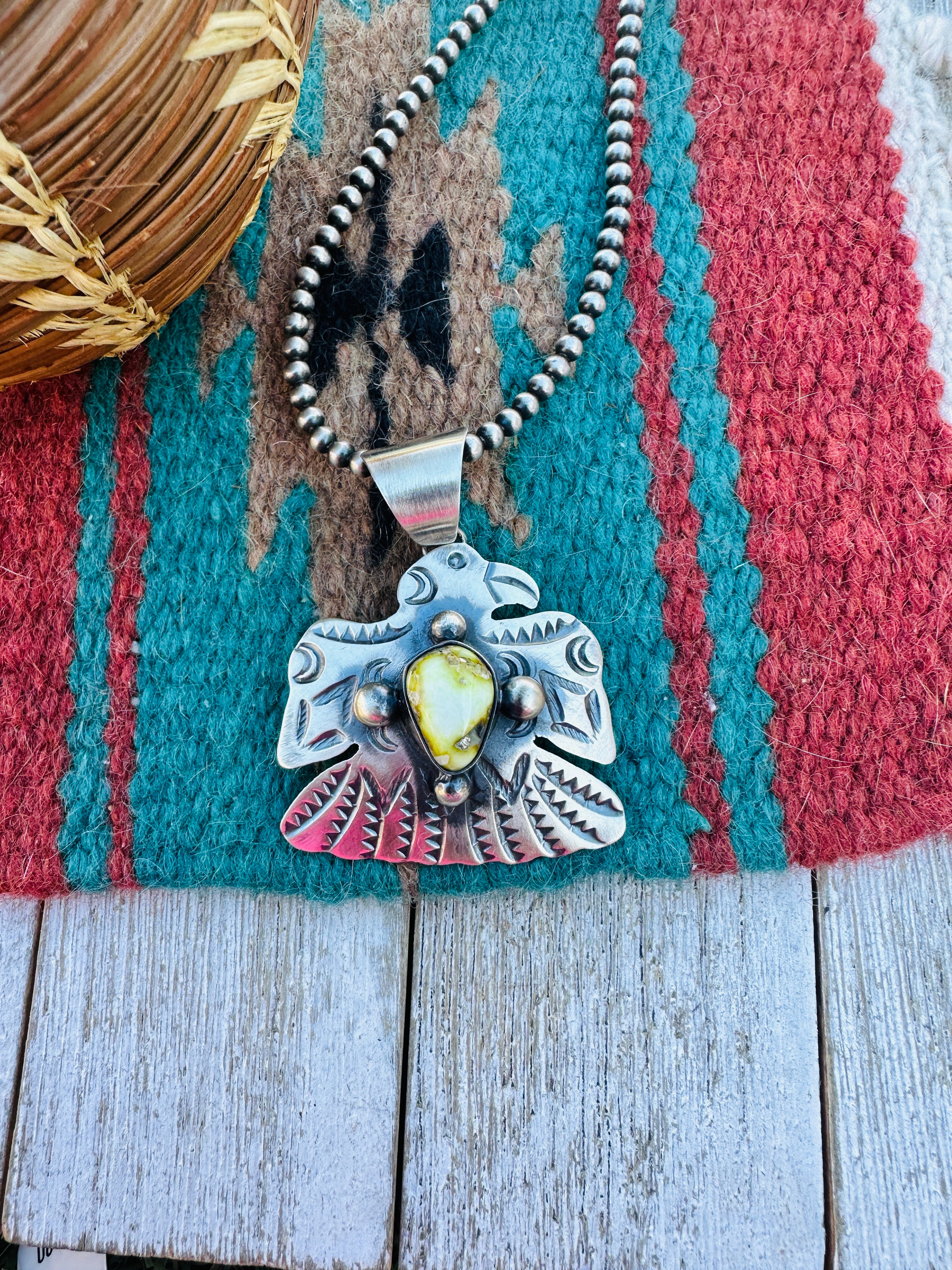 Handcrafted Sterling Silver & Palomino Turquoise Thunderbird Pendant by Chimney Butte