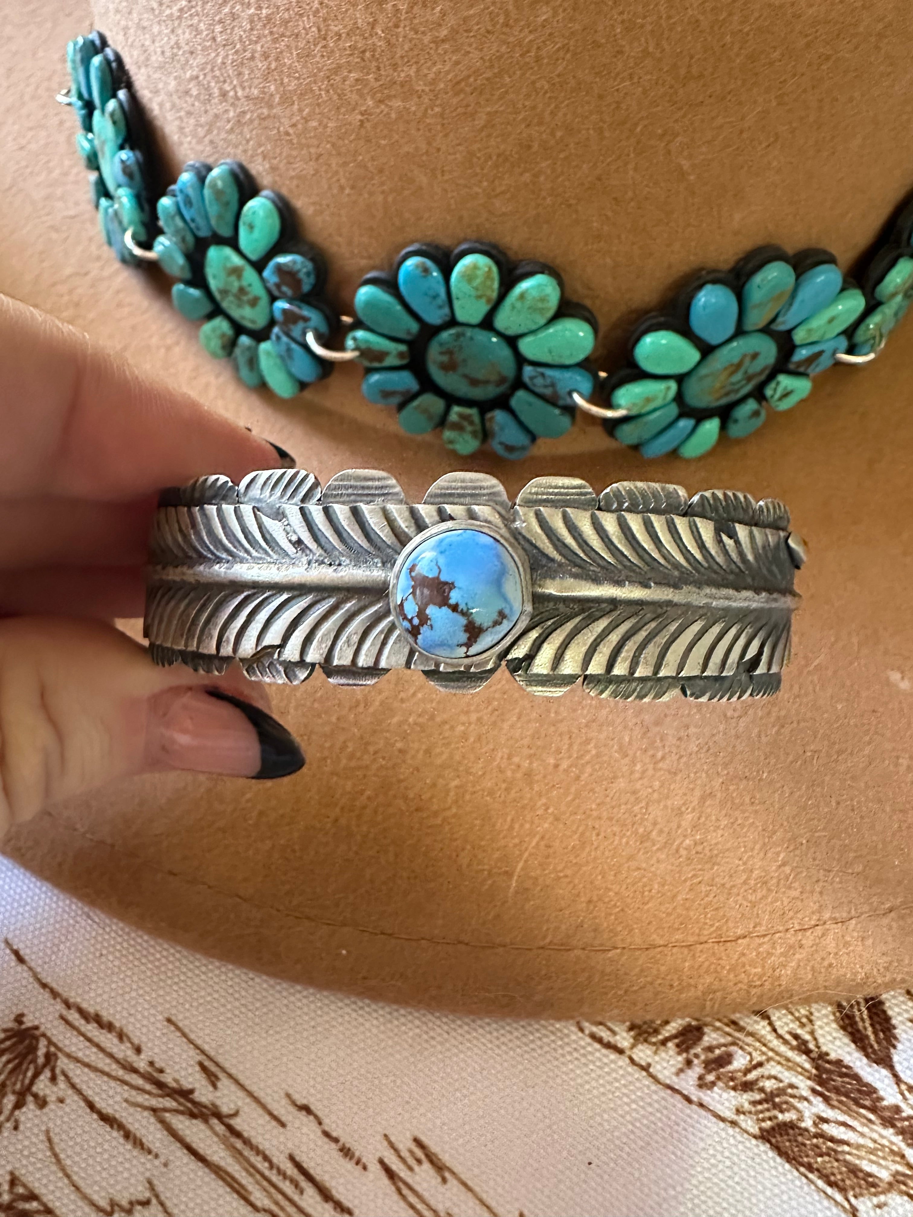 Navajo Golden Hills Turquoise & Sterling Silver Feather Cuff Bracelet