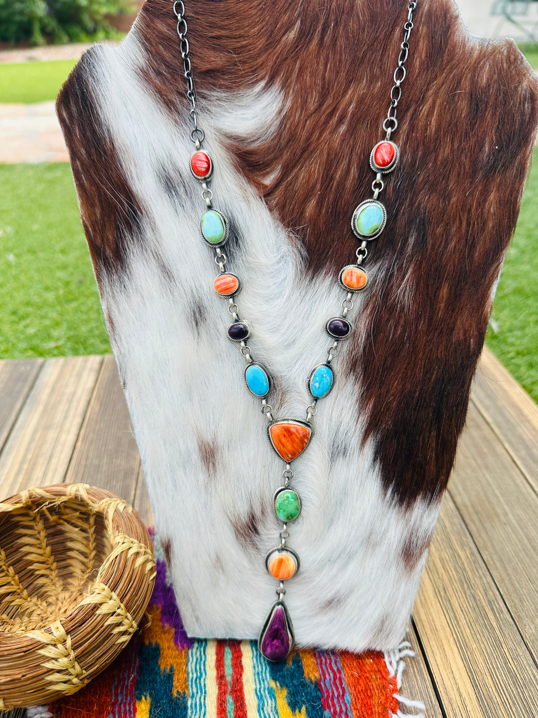 Handcrafted Turquoise, Spiny Oyster & Sterling Silver Electric Rainbow Lariat Necklace