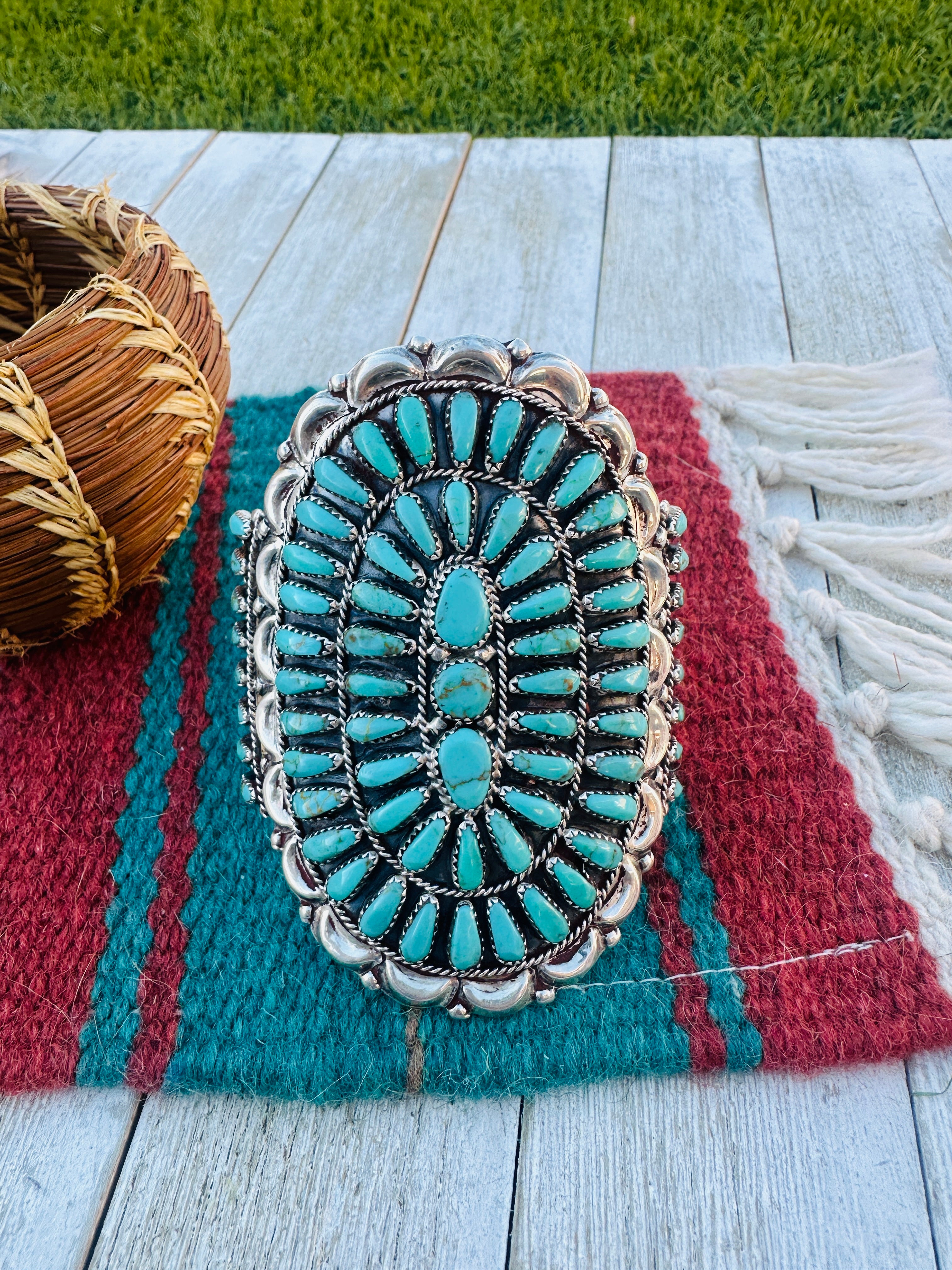 Handcrafted Old Pawn Sterling Silver & Kingman Turquoise Cluster Cuff Bracelet