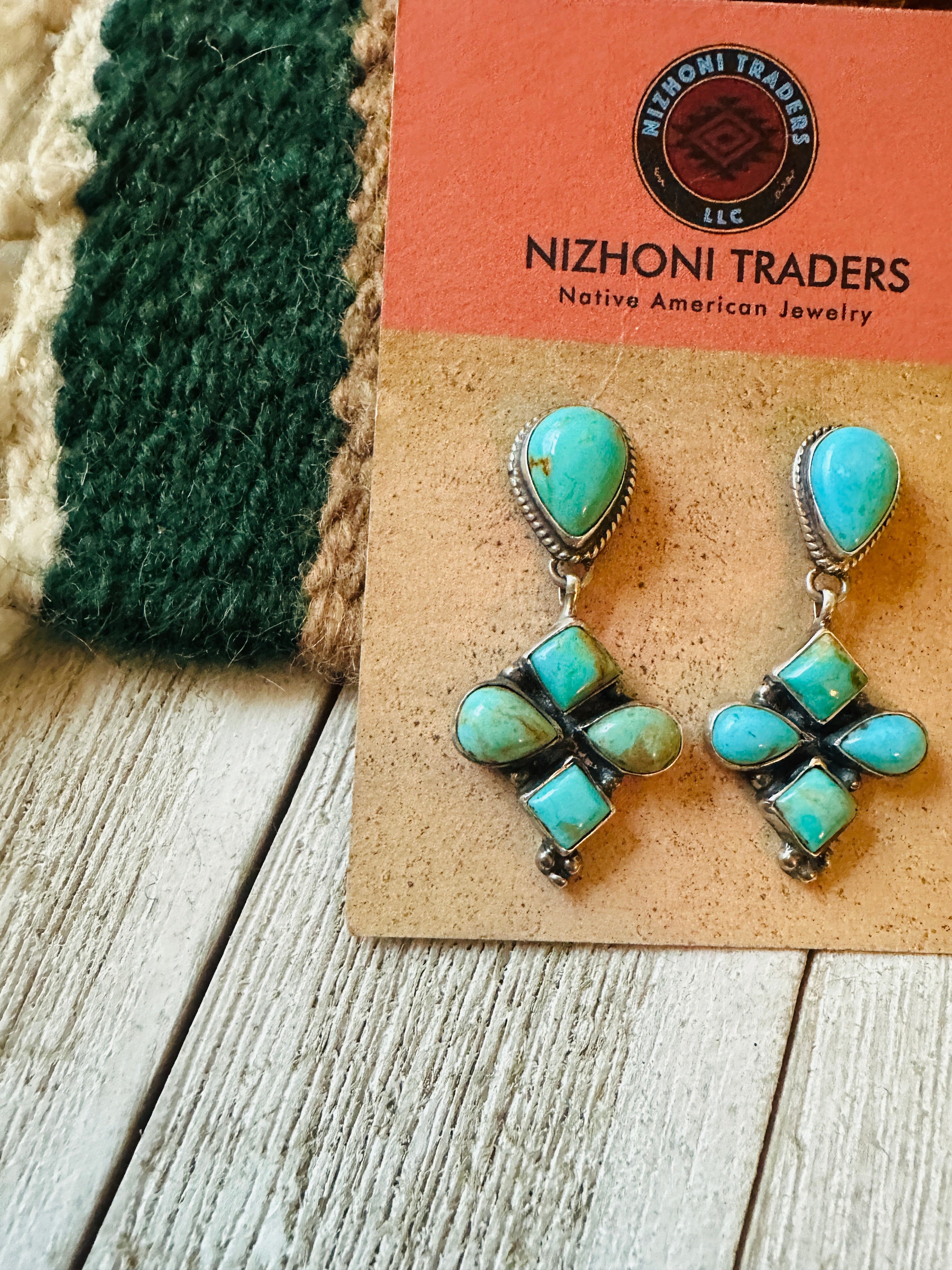 Navajo Turquoise & Sterling Silver Cluster Dangle Earrings