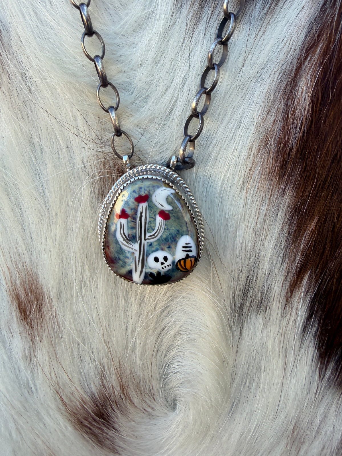~*Halloween Collection*~ Handmade Sterling Silver & Jasper Painted Cactus Necklace