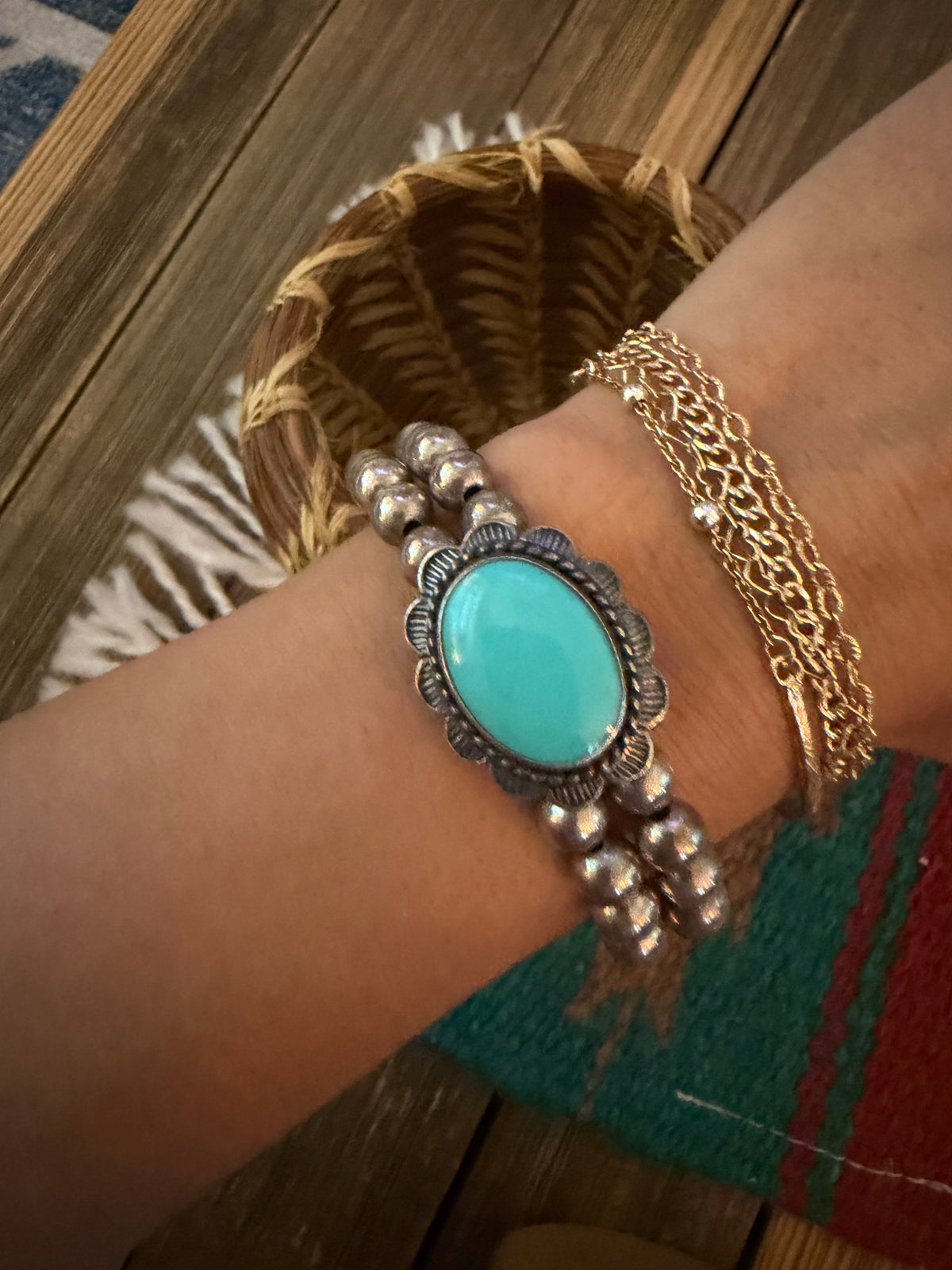 Handcrafted Old Pawn Sterling Silver Pearl & Turquoise Beaded Cuff Bracelet