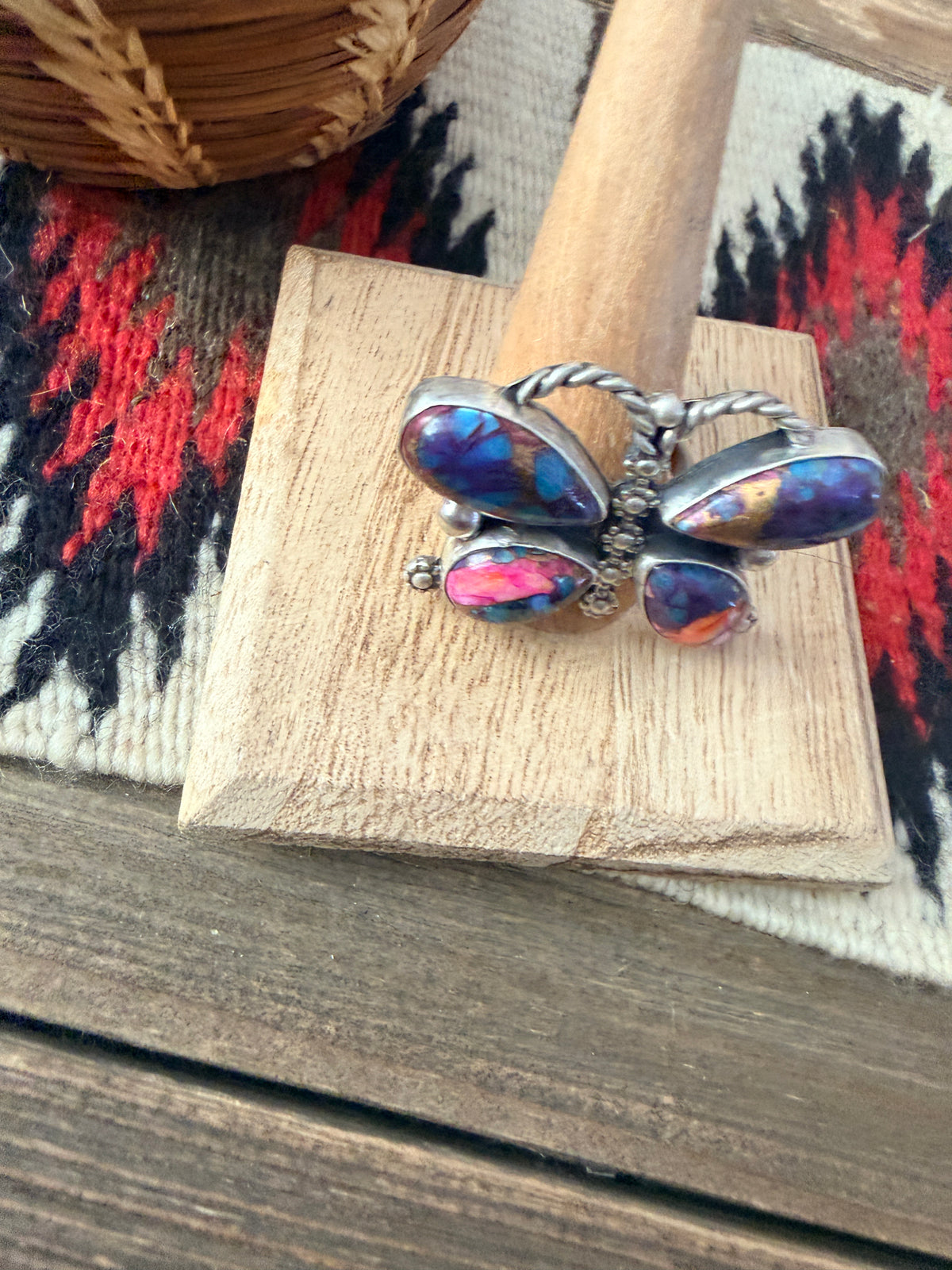Handcrafted Pink Dream Mojave & Sterling Silver Adjustable Butterfly Ring