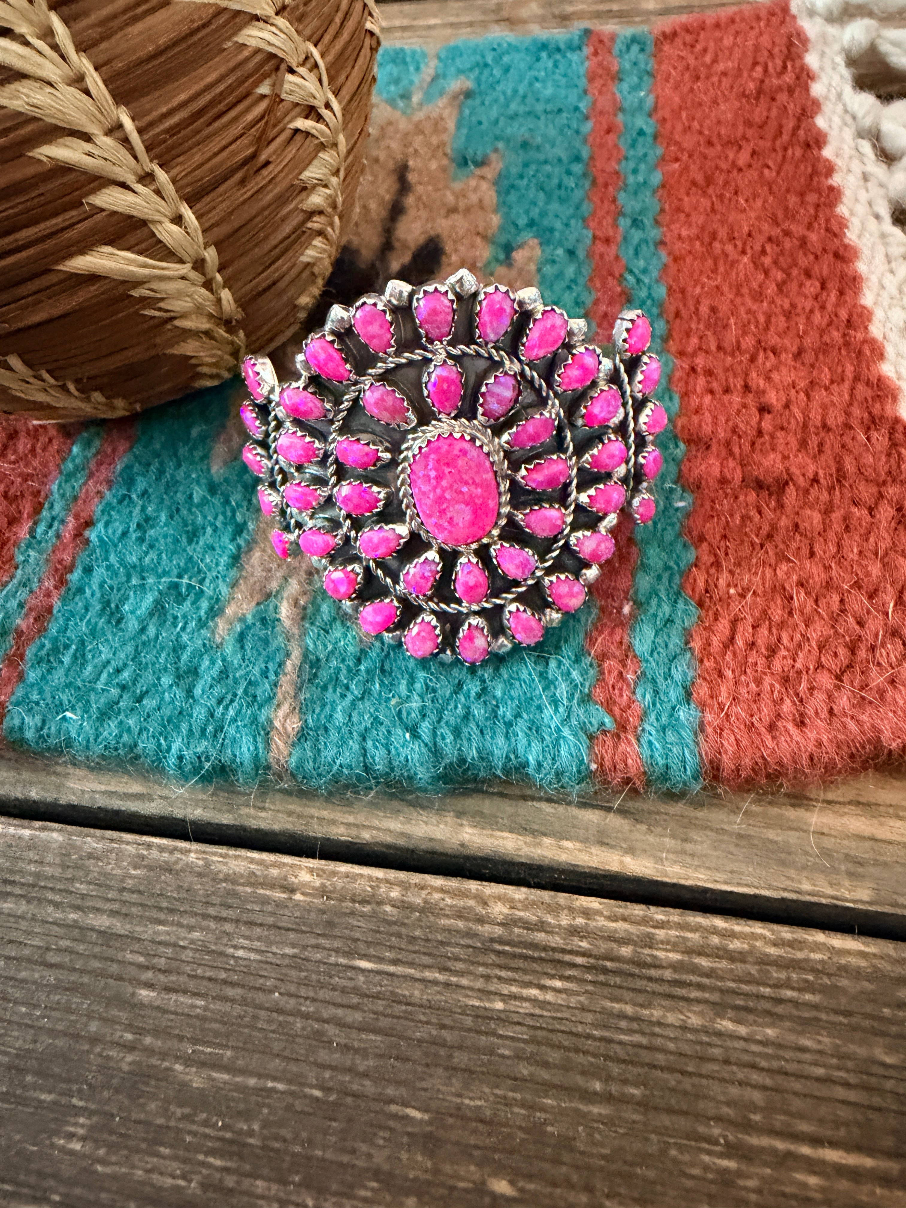 Handcrafted Sterling Silver & Pink Opal Cluster Cuff Bracelet by Danny L. Wauneka