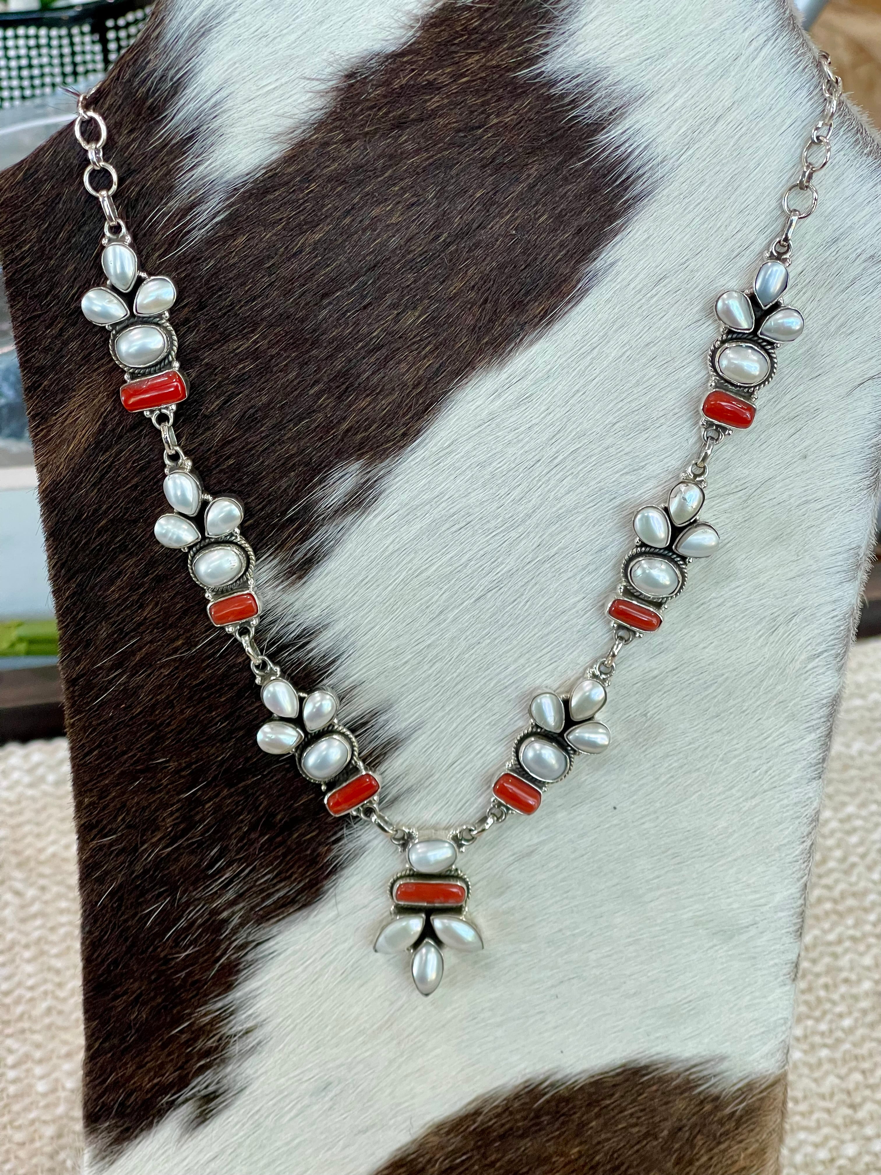 ** 4TH OF JULY ** Handmade Sterling , Silver Synthetic Opal & Coral Necklace, Earring & Ring Set with Signed Nizhoni