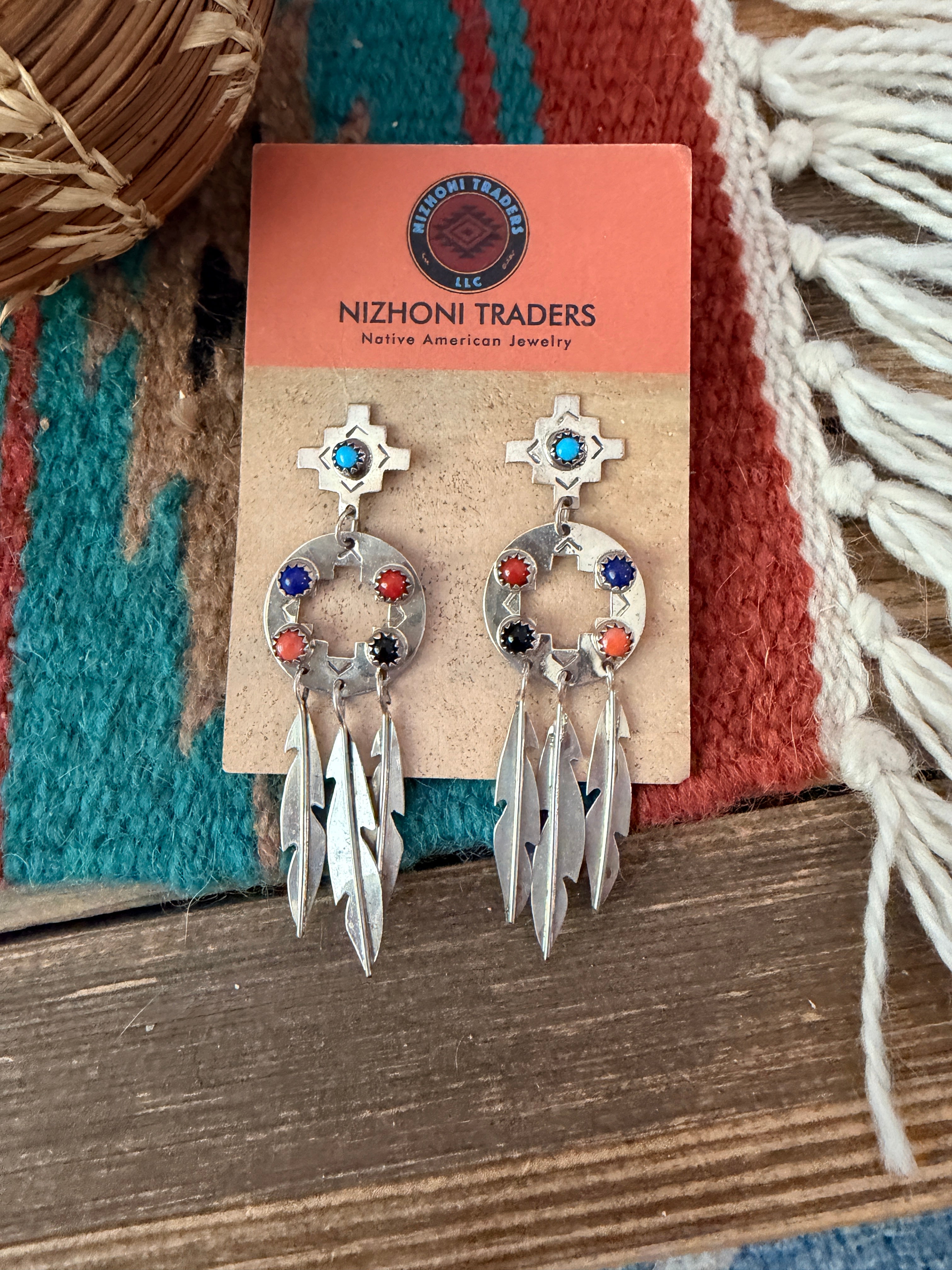 Old Pawn Handcrafted Sterling Silver & Multi Stone Feather Dangle Earrings