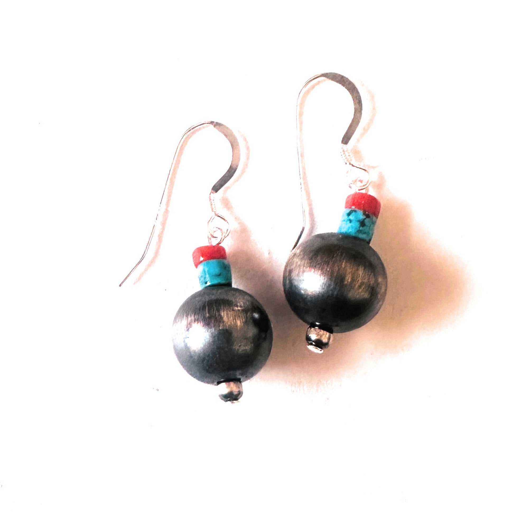 Navajo Turquoise, Coral & Sterling Silver Pearl Dangle Earrings