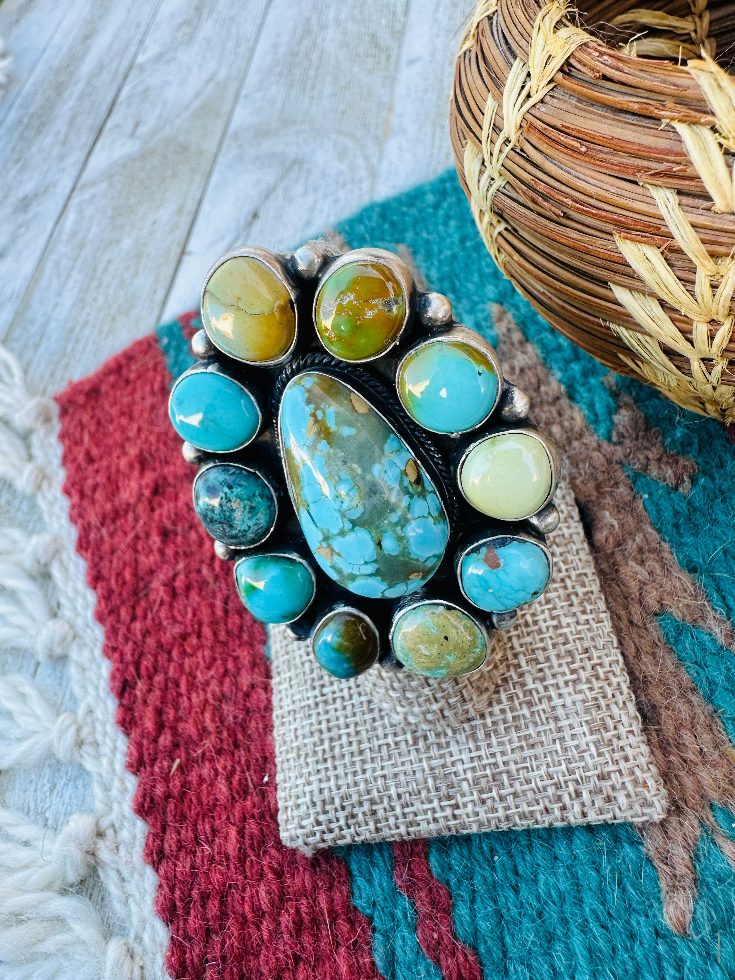 Hand Crafted Turquoise & Sterling Silver Cluster Ring Size 6.5 by Ella Peter