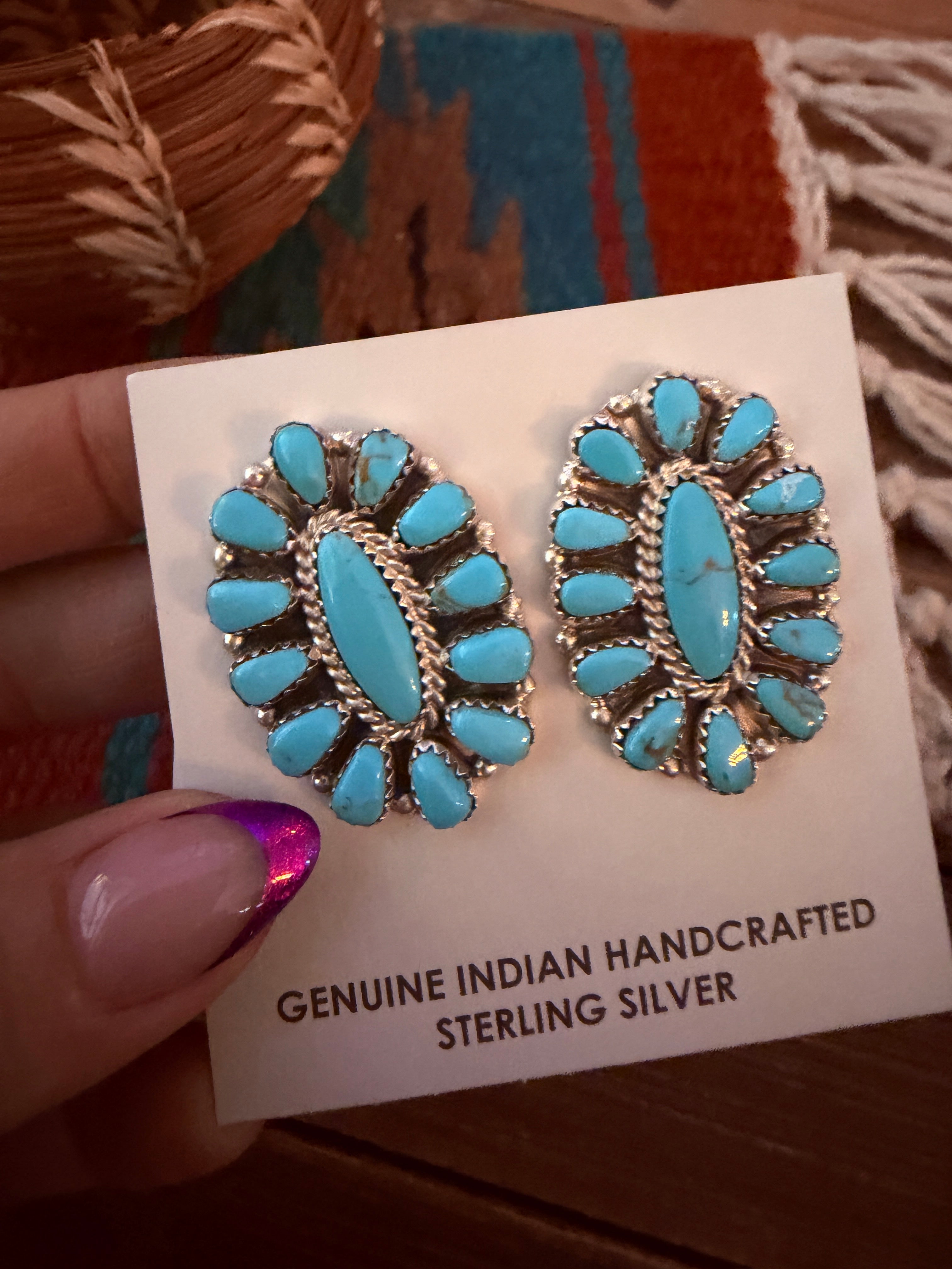 Handcrafted Turquoise & Sterling Silver Cluster Post Earrings