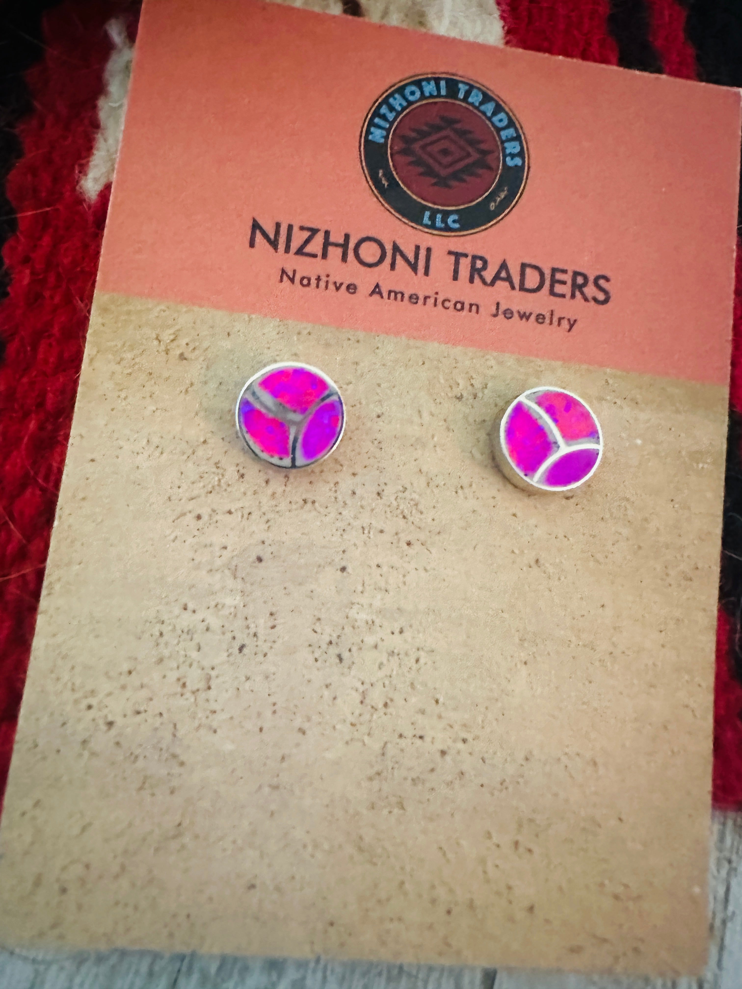 Zuni Pink Opal & Sterling Silver Inlay Stud Earrings