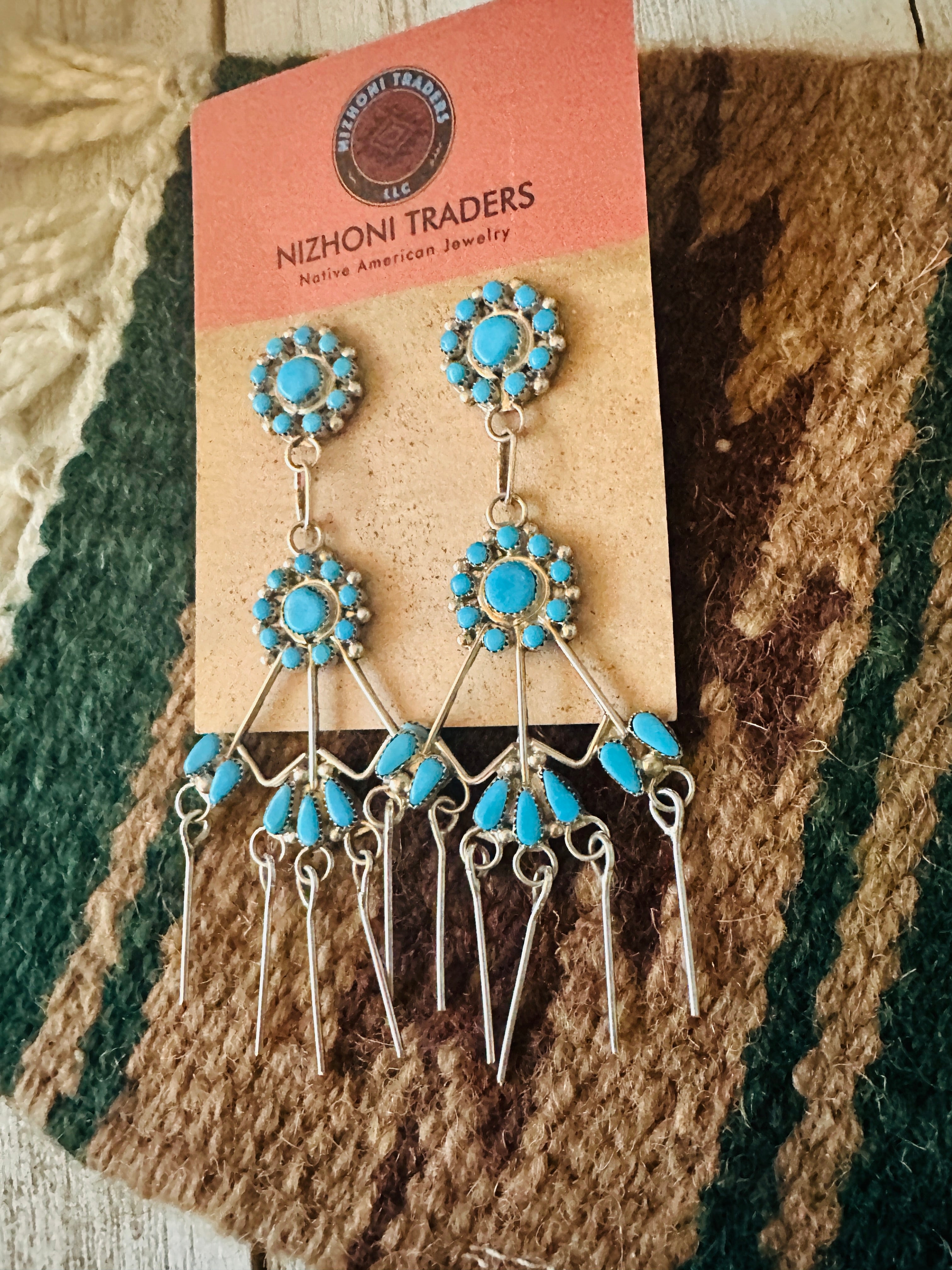 Zuni Sterling Silver & Turquoise Flower Chandelier Dangle Earrings