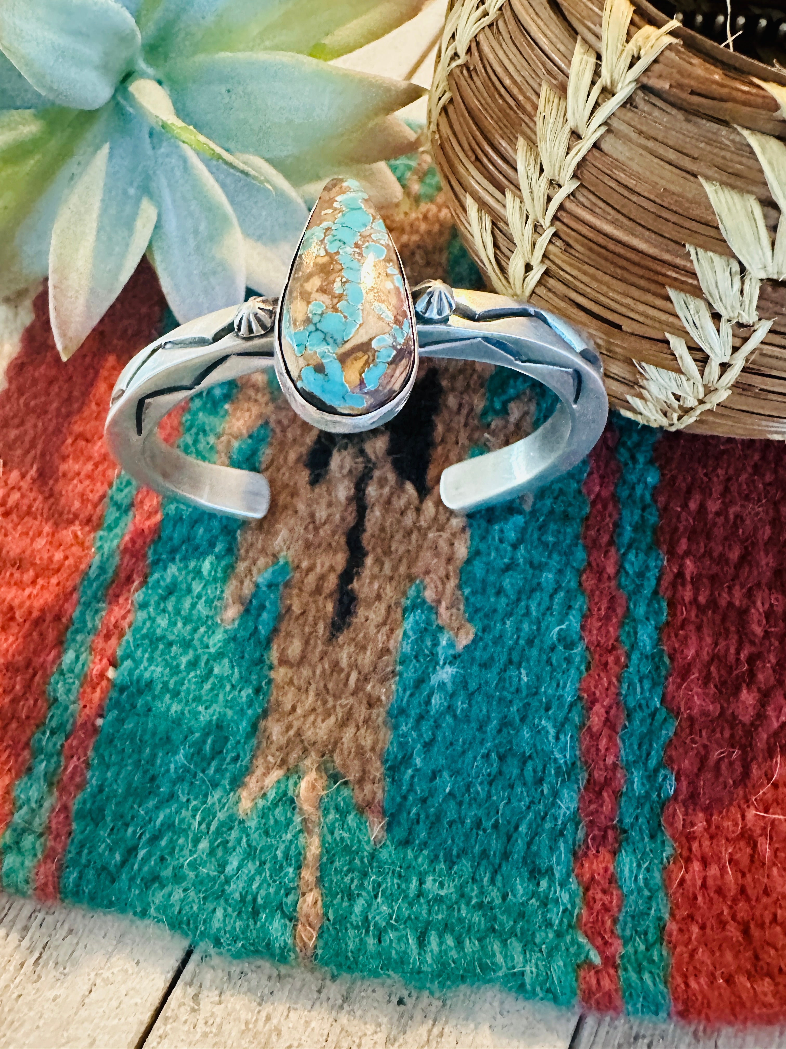 Navajo Sterling Silver & Number 8 Turquoise Cuff Bracelet Signed