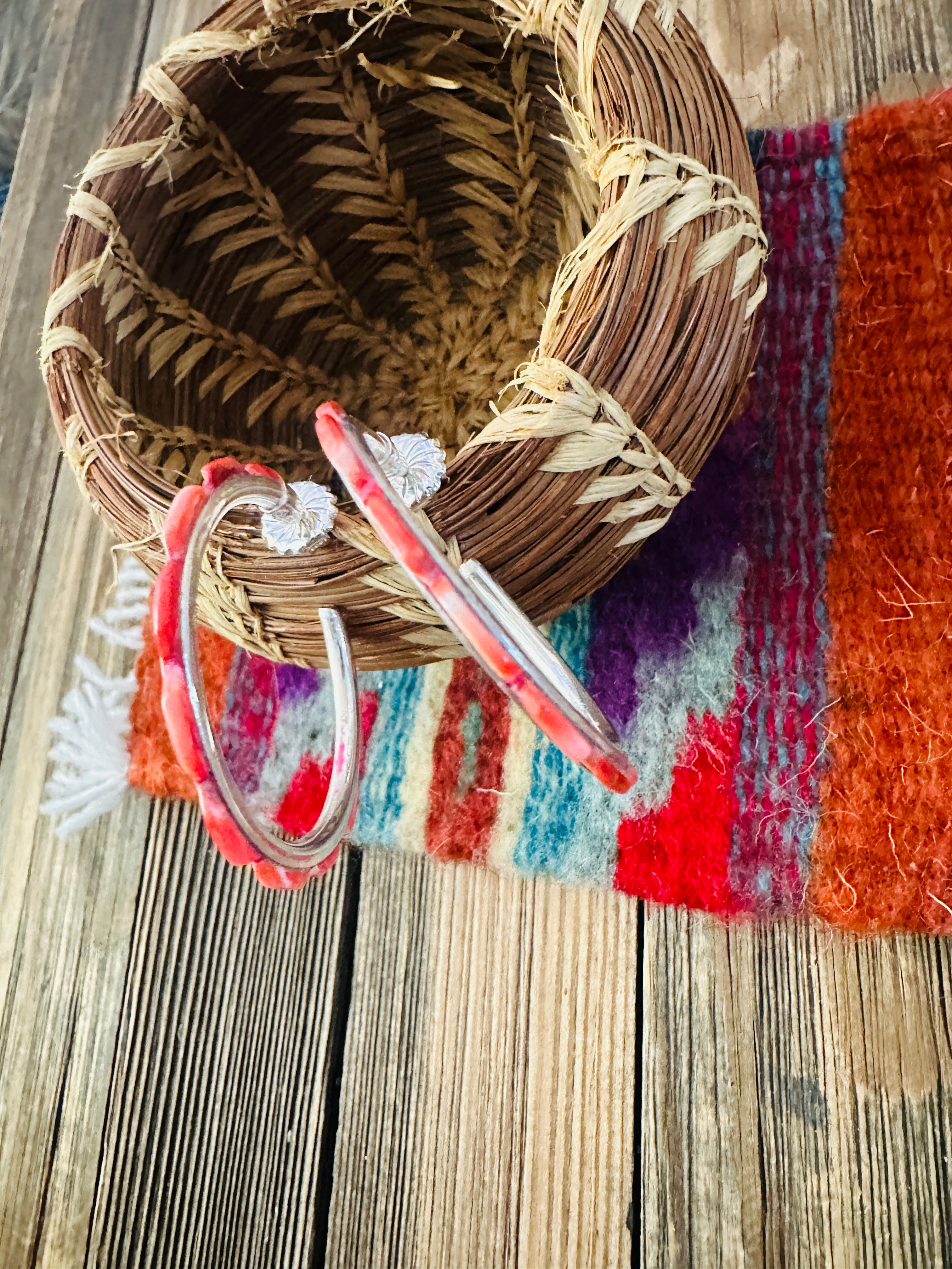 Handcrafted Spiny Oyster & Sterling Silver Hoop Earrings by Federico Jimenez